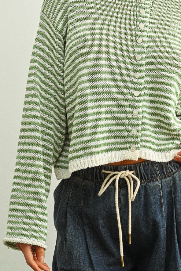 Haven Cotton Mini Striped Knit Cardigan in Dusty Sage and White