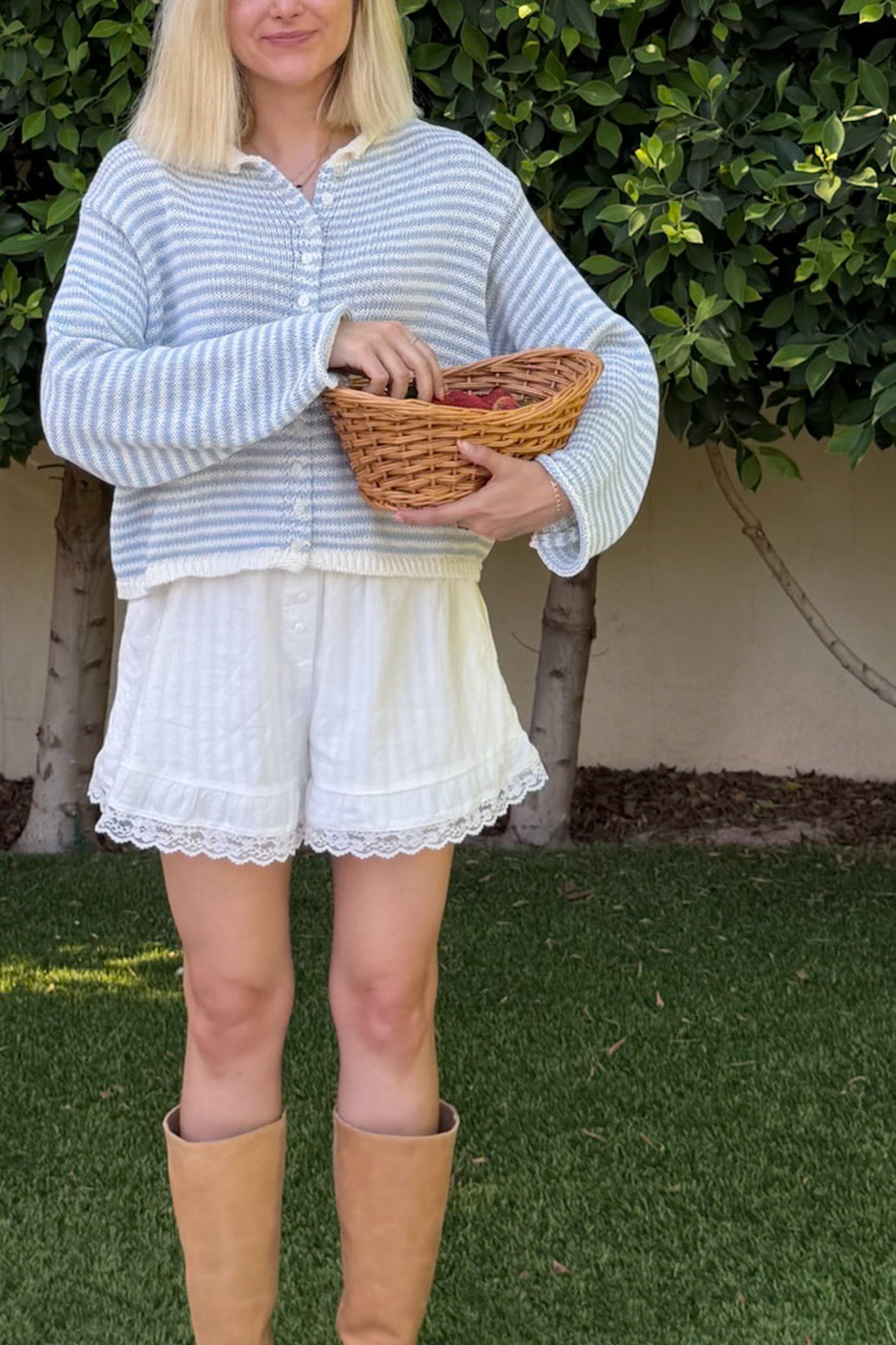 Haven Cotton Mini Striped Knit Cardigan in Dusty Blue and White