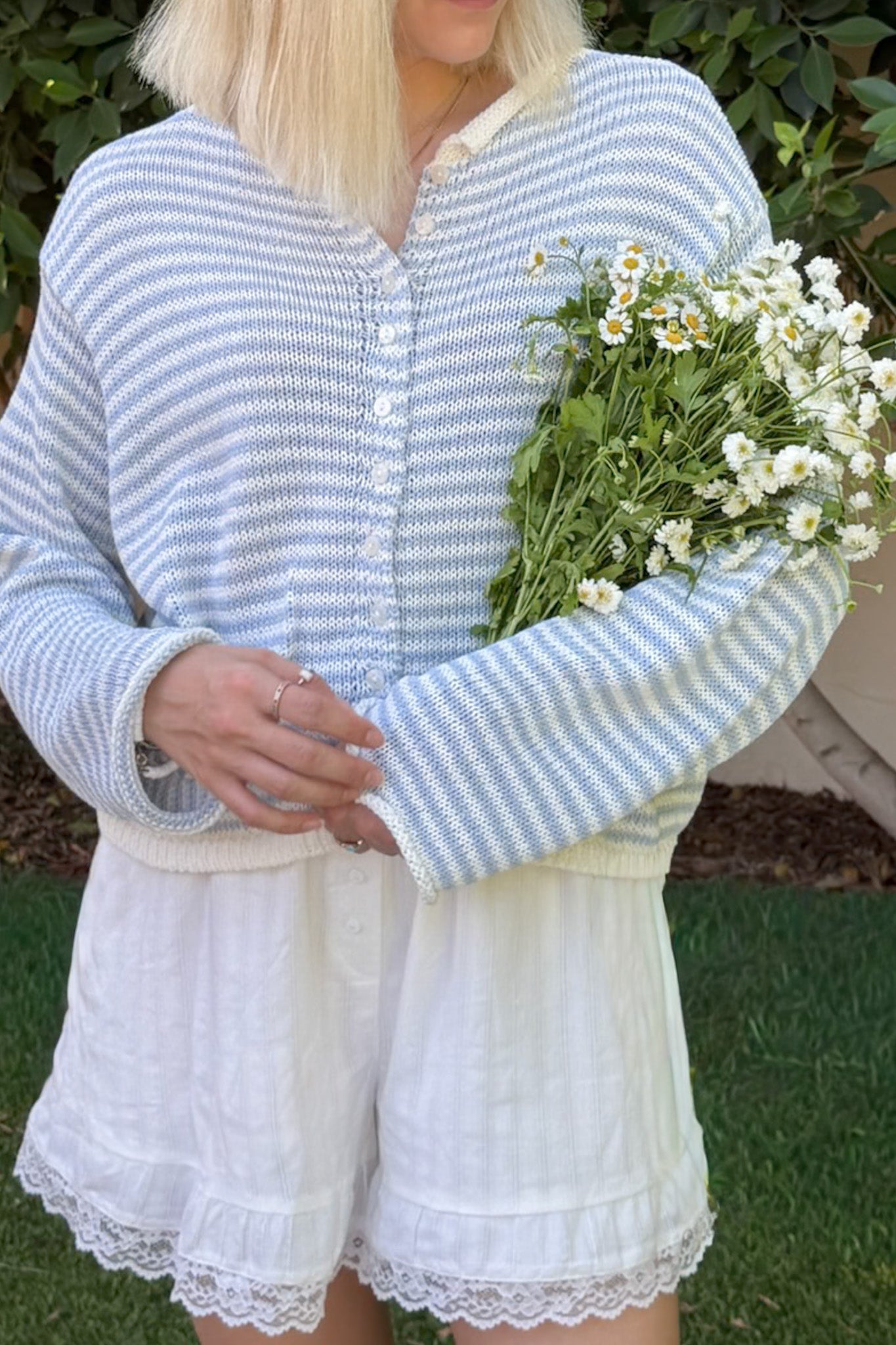 Haven Cotton Mini Striped Knit Cardigan in Dusty Blue and White