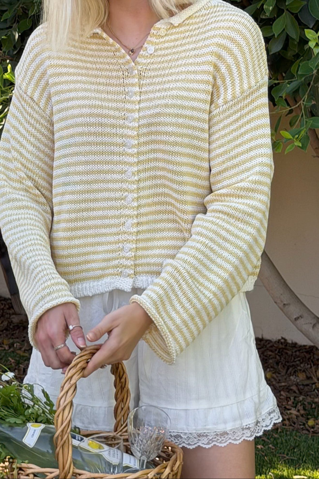 Haven Cotton Mini Striped Knit Cardigan in Banana and White
