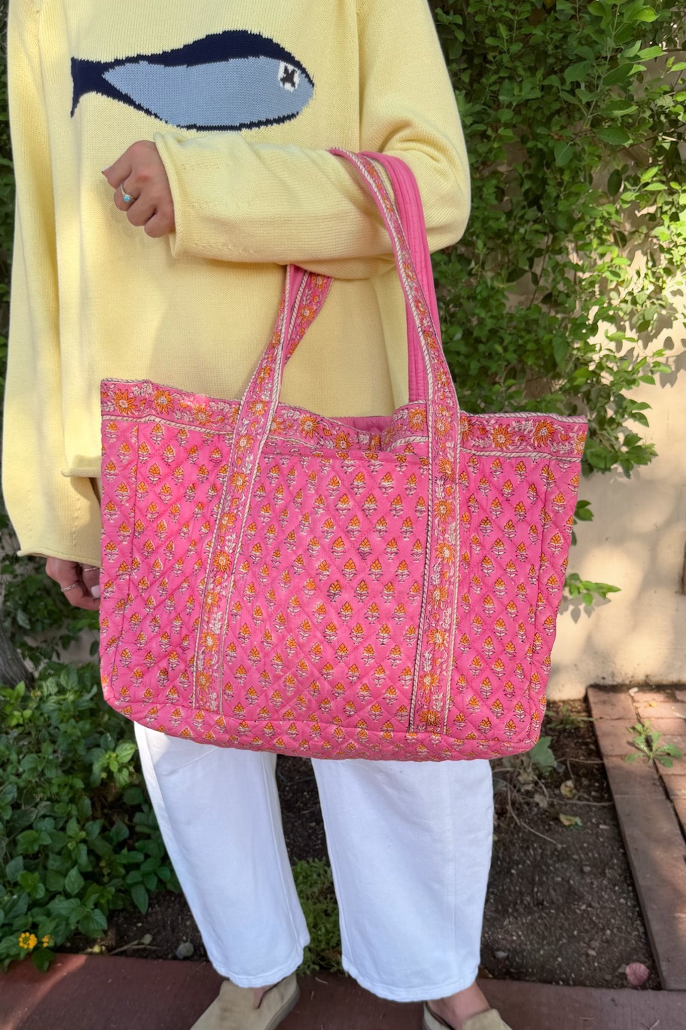 Market Quilted Tote Bag in Pink and Orange