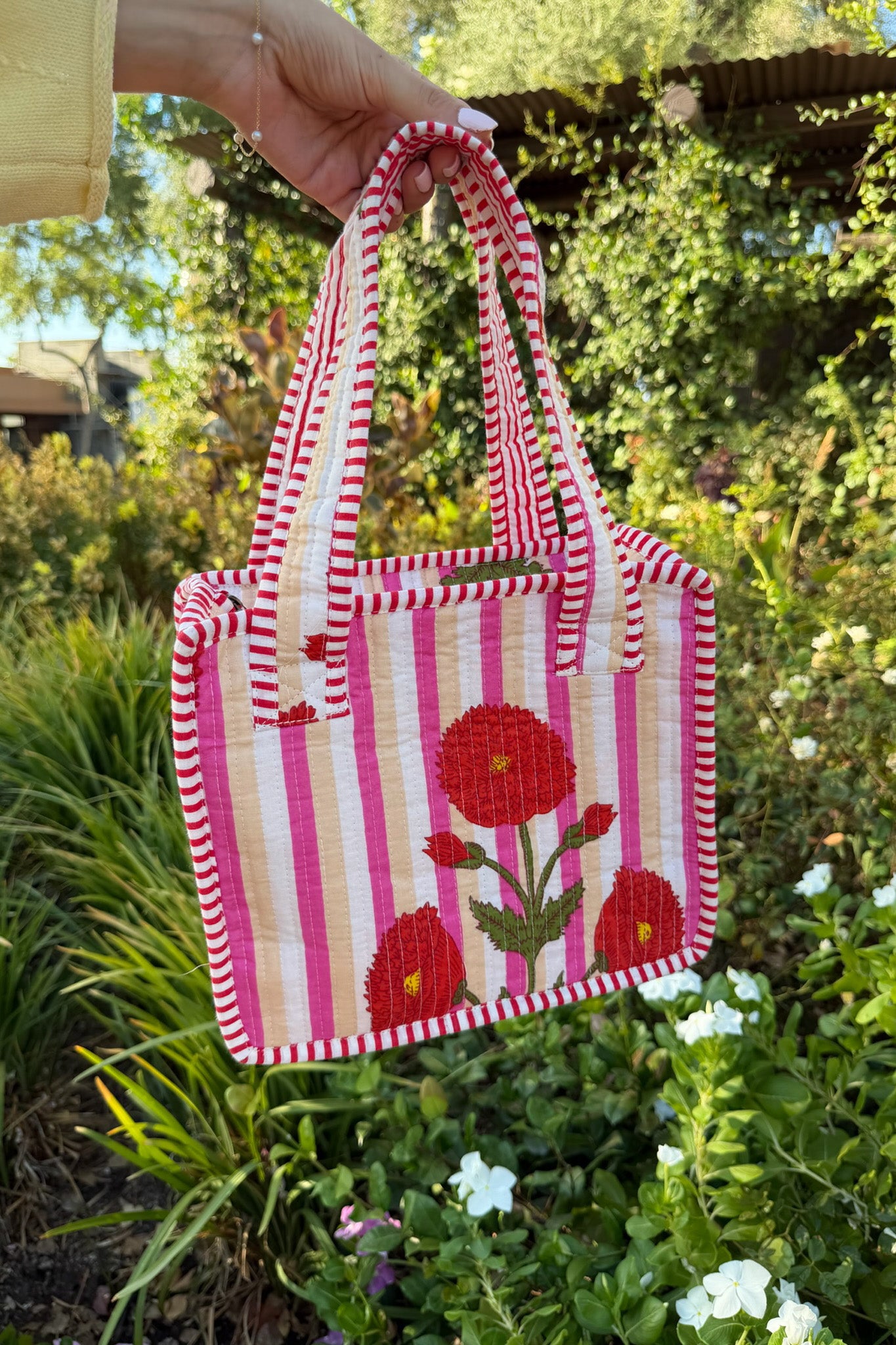 Mini Market Striped Quilted Tote Bag in Pink Poppy
