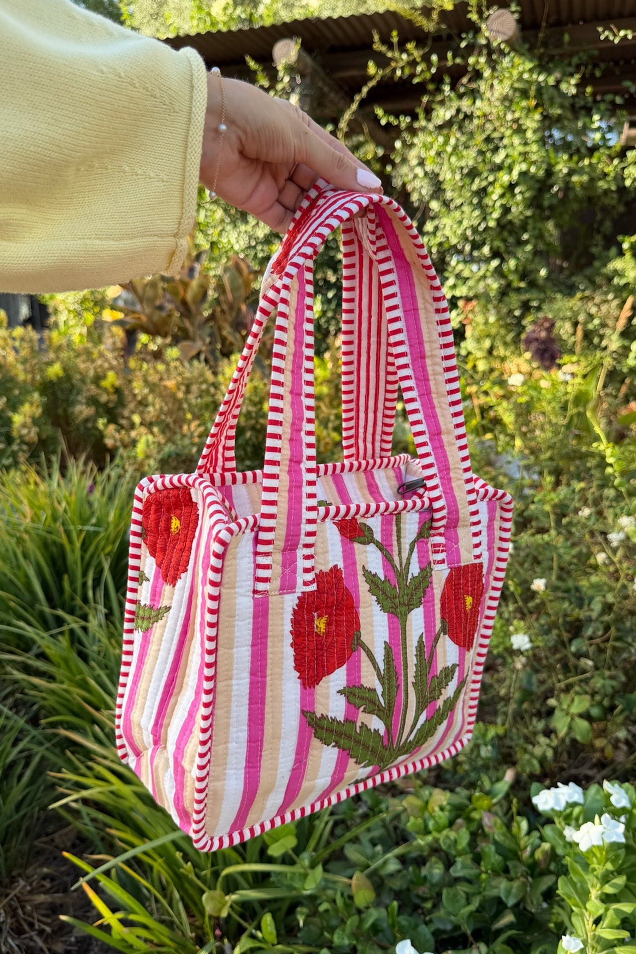 Mini Market Striped Quilted Tote Bag in Pink Poppy