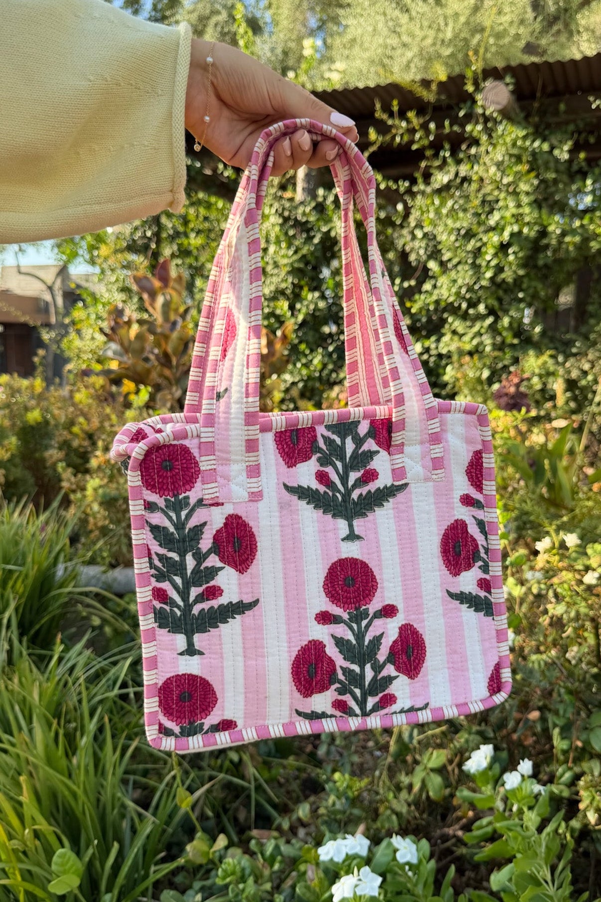 Mini Market Striped Quilted Tote Bag in Floral Baby Pink