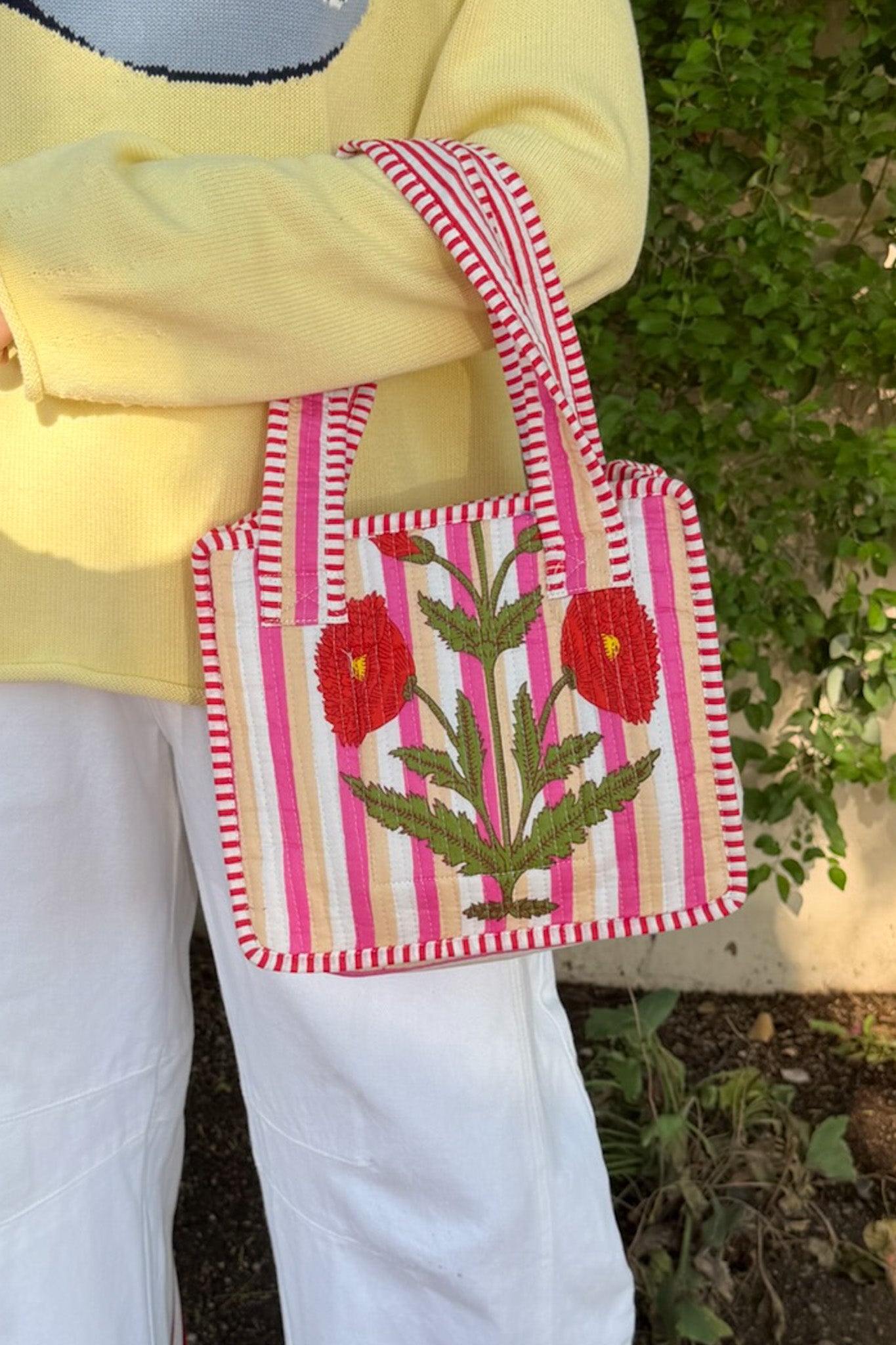 Mini Market Striped Quilted Tote Bag in Pink Poppy