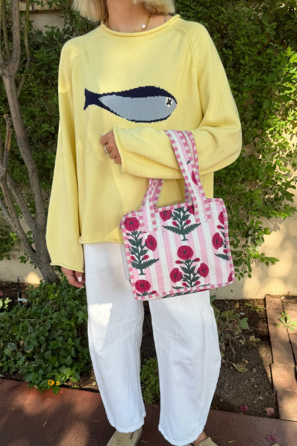 Mini Market Striped Quilted Tote Bag in Floral Baby Pink