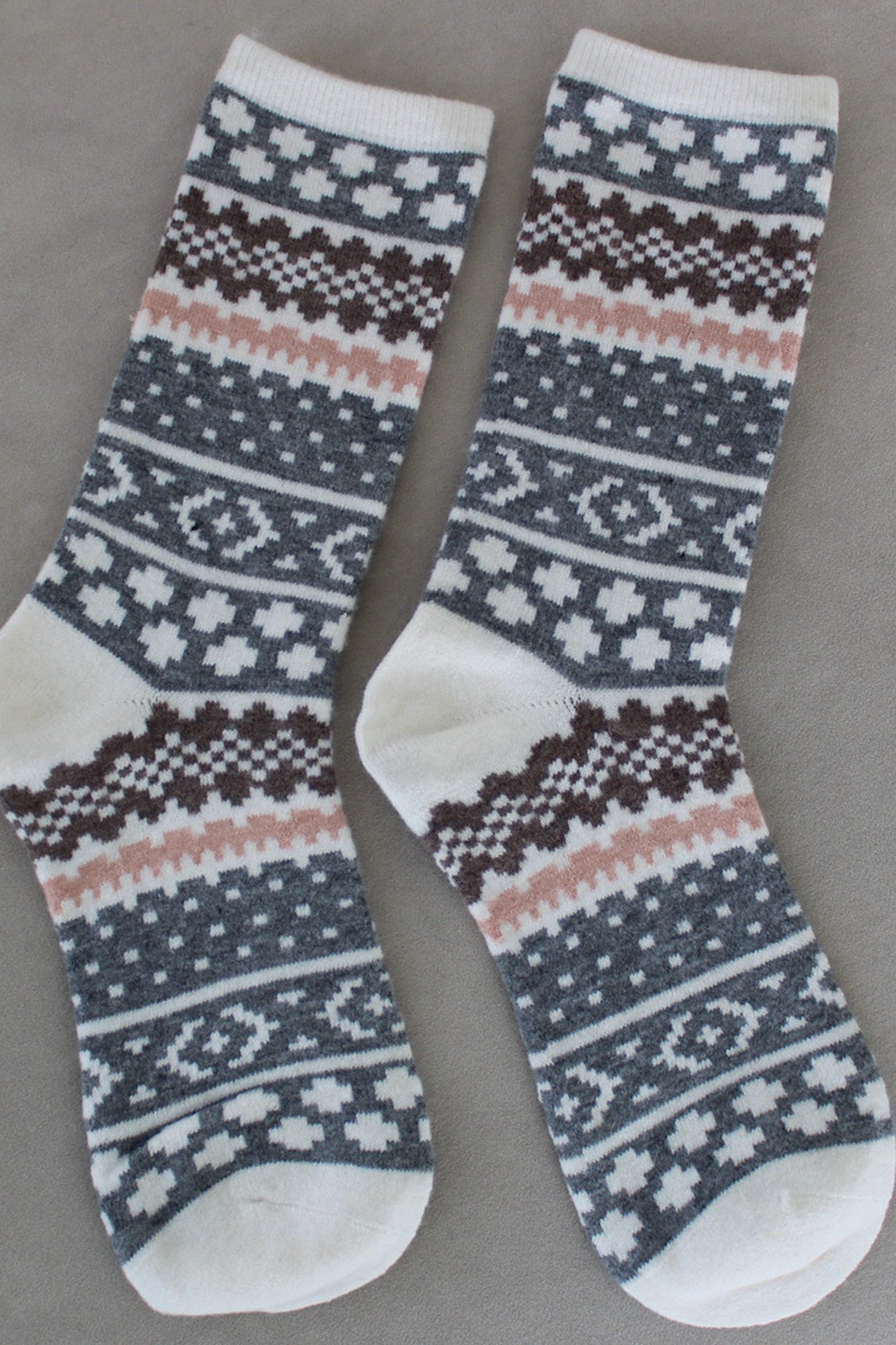Aztec Faire Isle Cashmere Blend Crew Socks - Neutral Ground