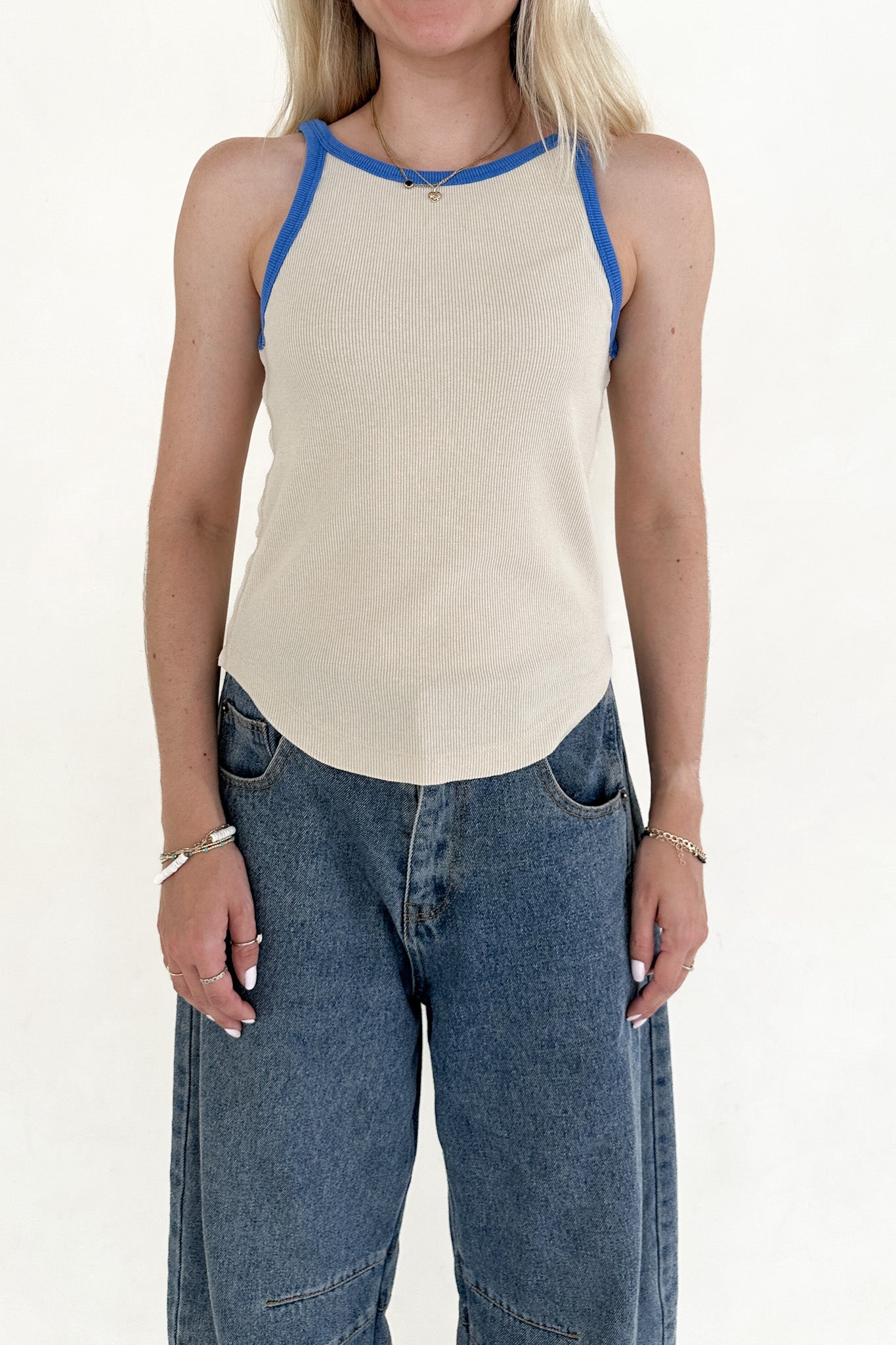 Daydreamer Color Block Tank Top in Blue and Stone - Neutral Ground