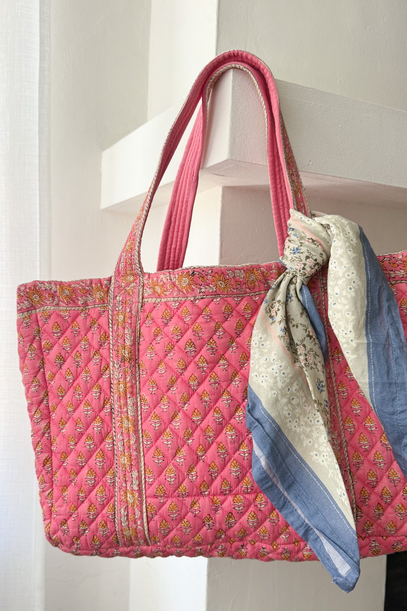 Market Quilted Tote Bag in Pink and Orange