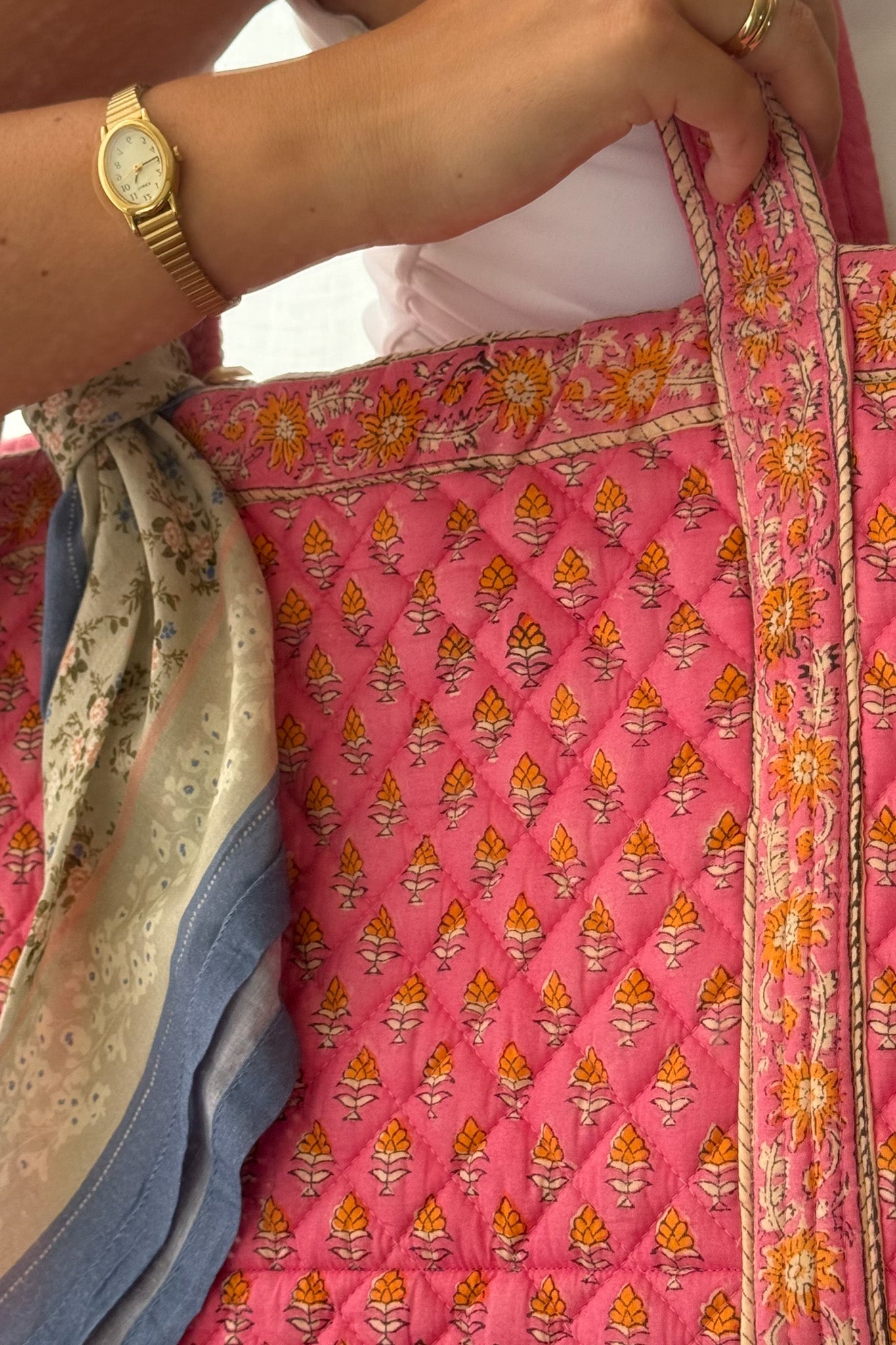 Market Quilted Tote Bag in Pink and Orange