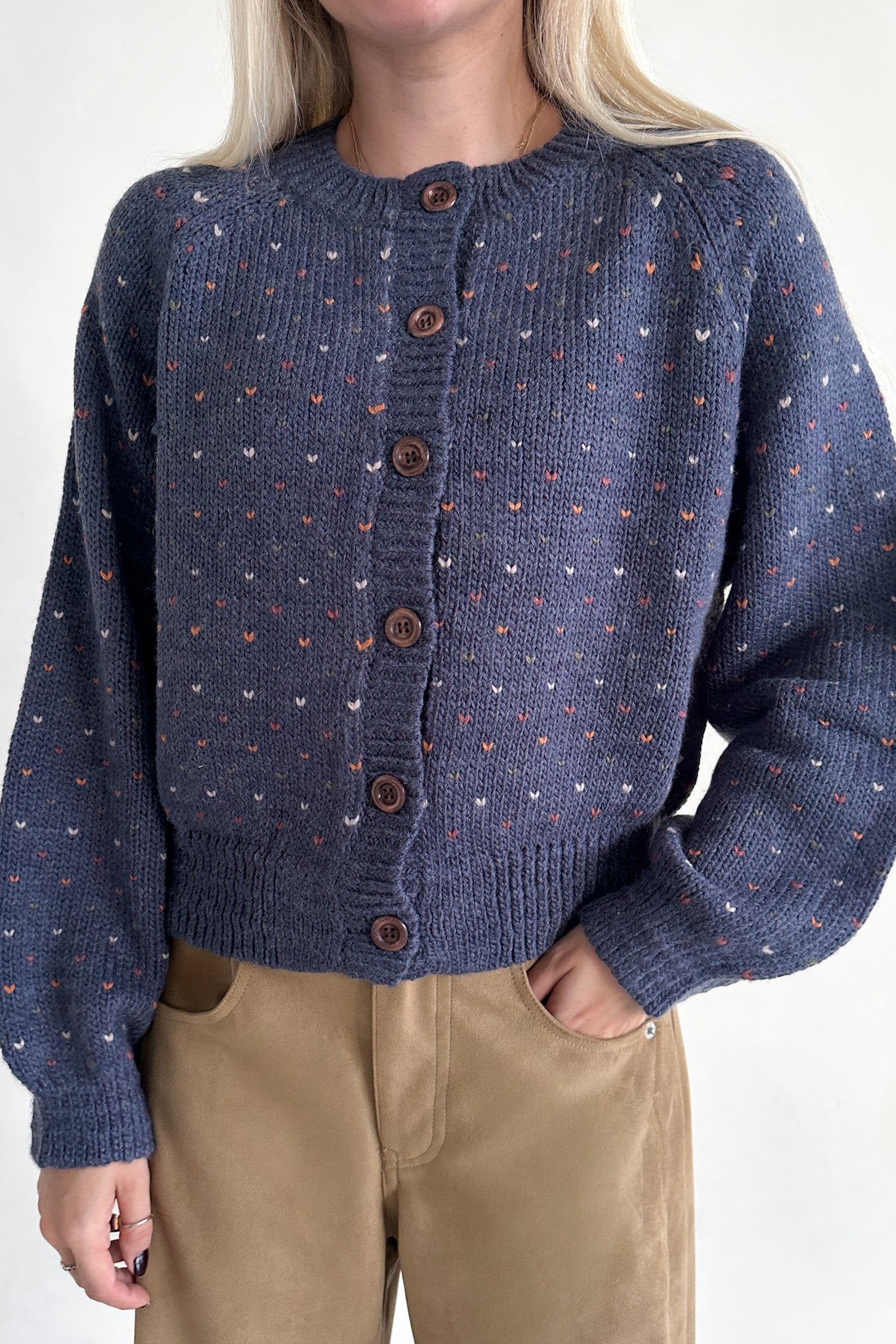 Flutter Button Down Hearts Cardigan in Navy