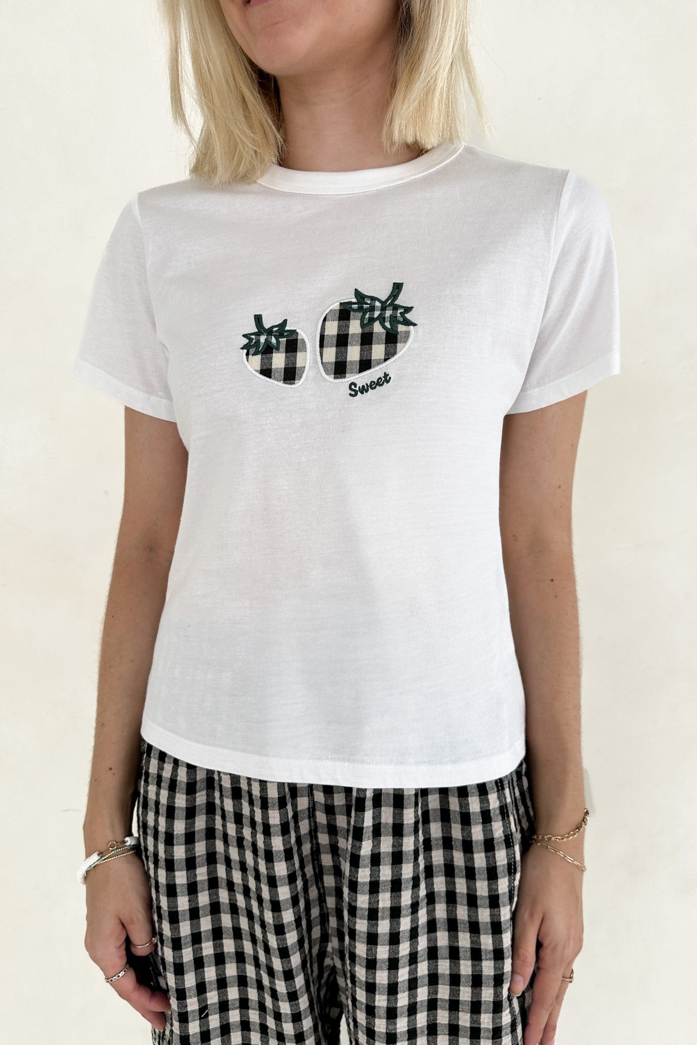 Strawberry Patch 100% Cotton Black and White Gingham T-Shirt