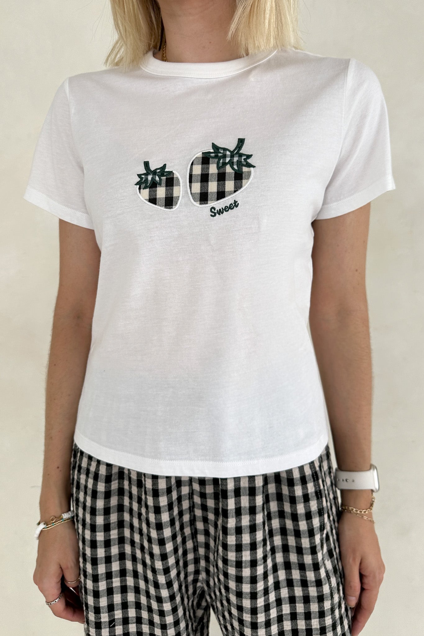 Strawberry Patch 100% Cotton Black and White Gingham T-Shirt