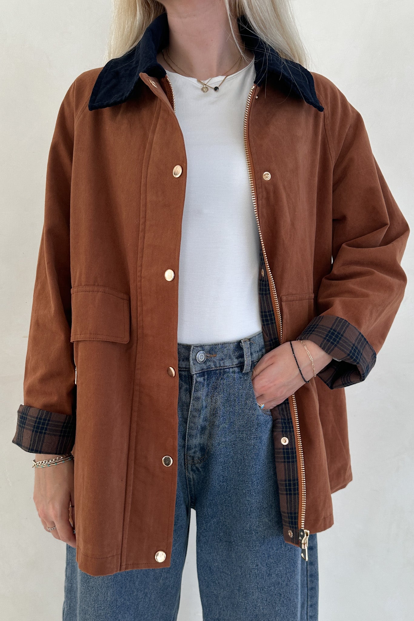 Person wearing a brown jacket with plaid trim, white shirt, and blue jeans on a plain background