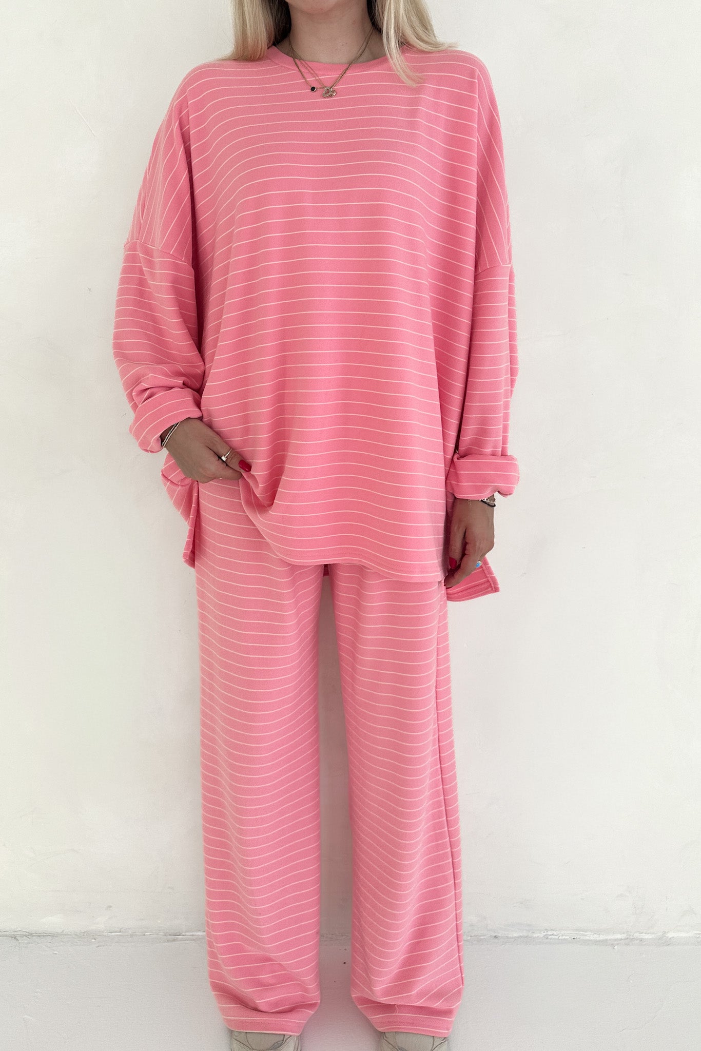 Juliette Ultra Soft Striped Oversized Top in Pink and White