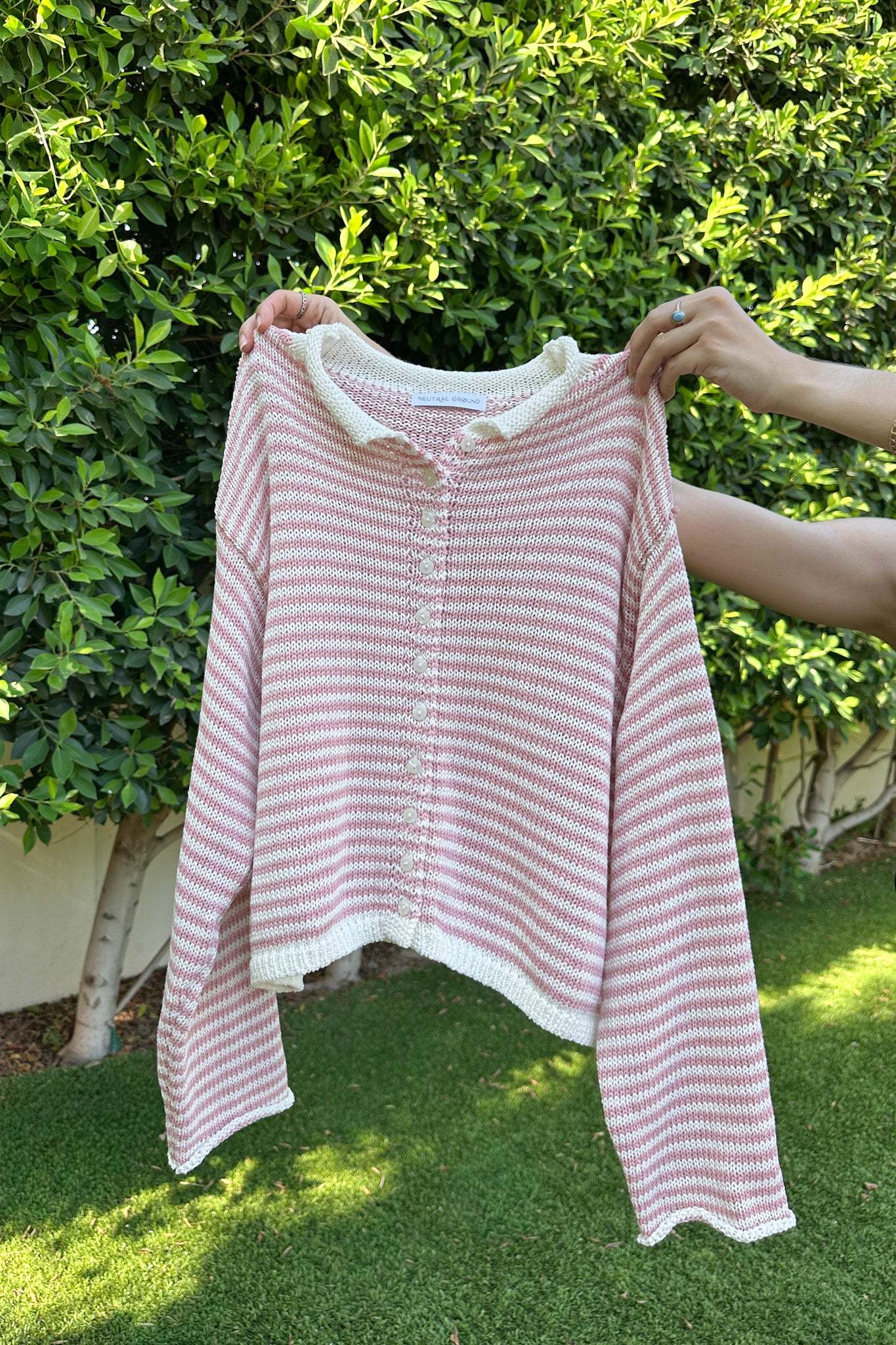 Haven Cotton Mini Striped Knit Cardigan in Dusty Rose and Cream