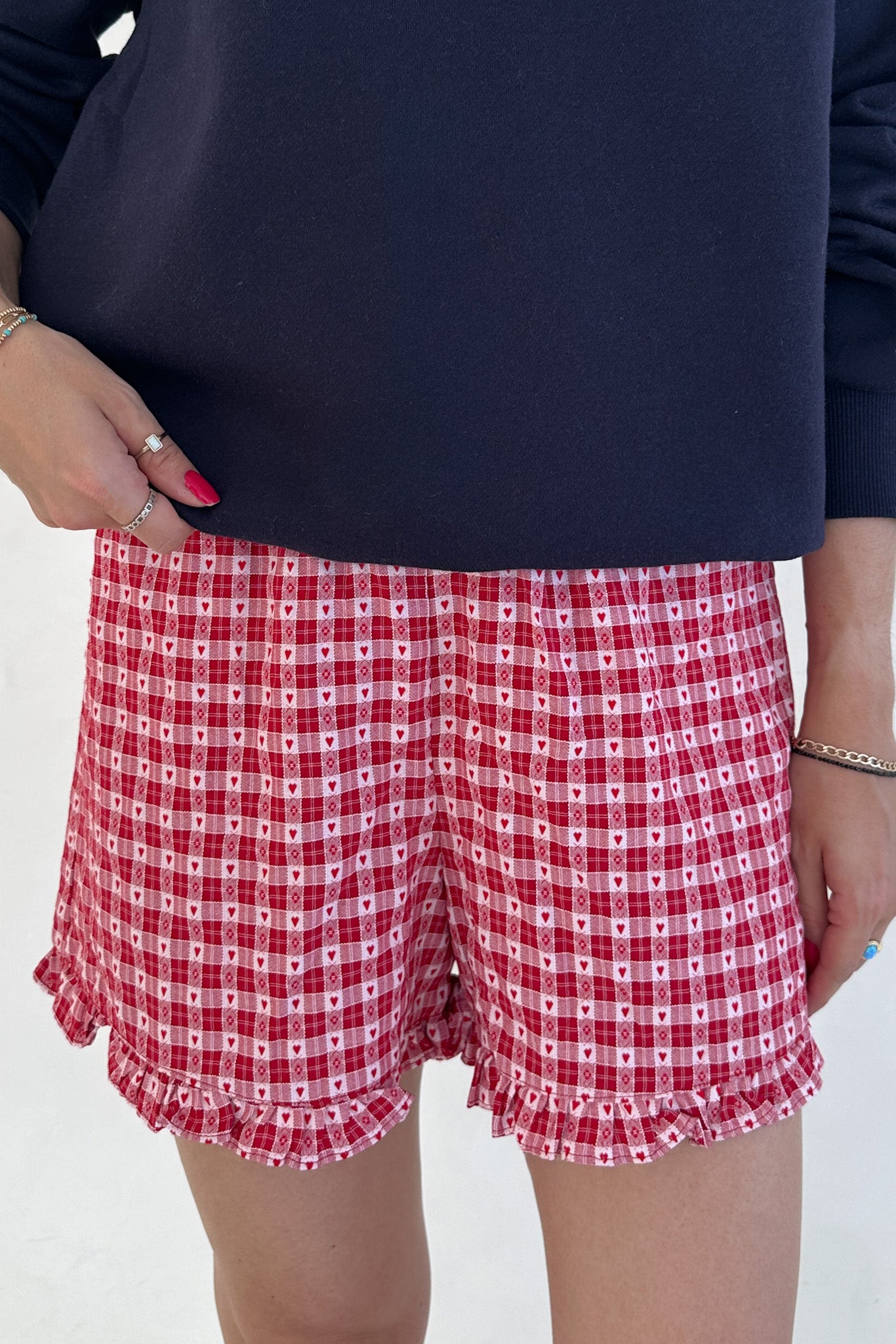 Love Letter Gingham Checkered Heart Ruffle Shorts in Red - Neutral Ground