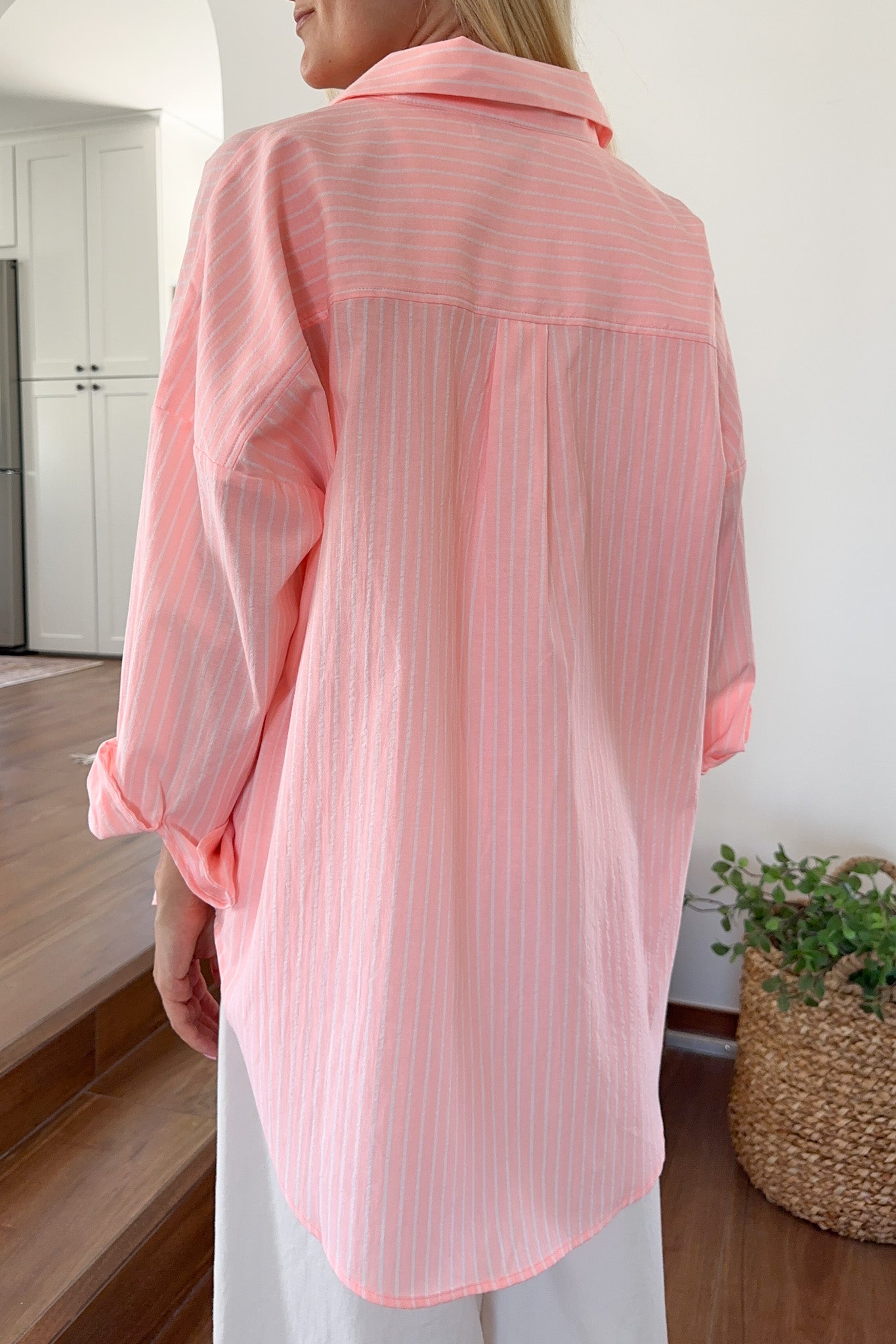 Estelle Striped Button Down in Coral Pink and White - Neutral Ground