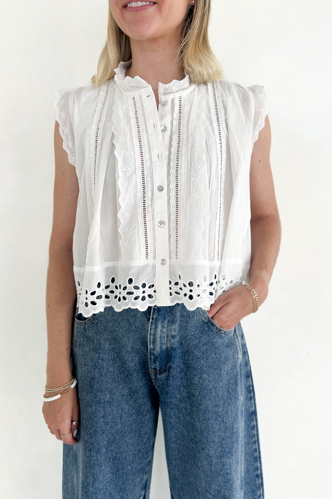 Agatha Eyelet Cotton Blouse - Neutral Ground