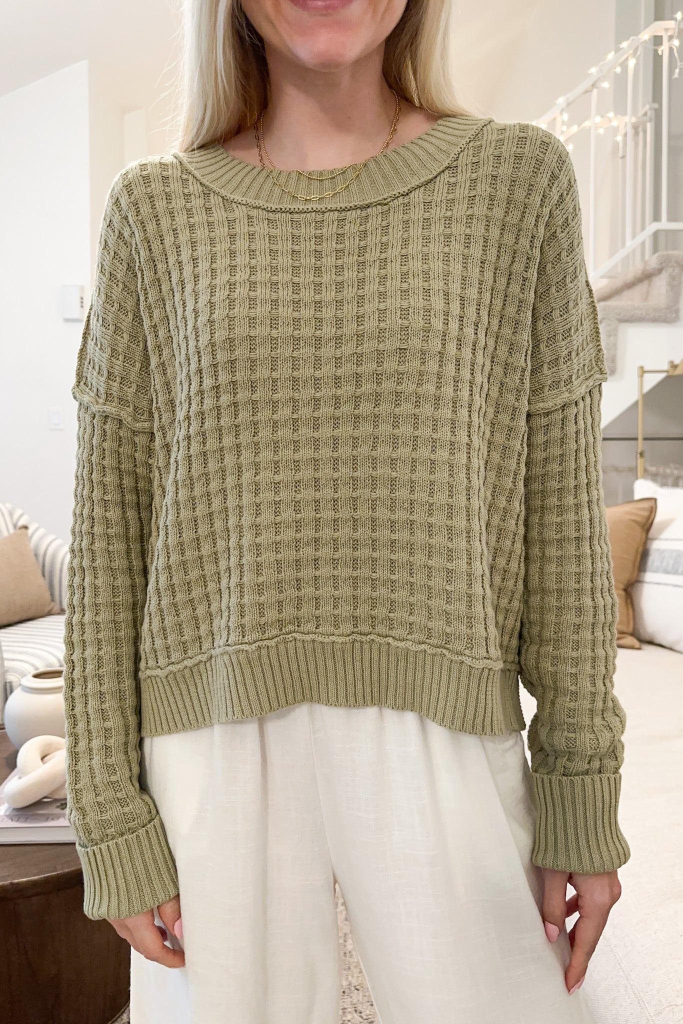 Annie Waffle Knit Pullover Sweater in Sage - Neutral Ground