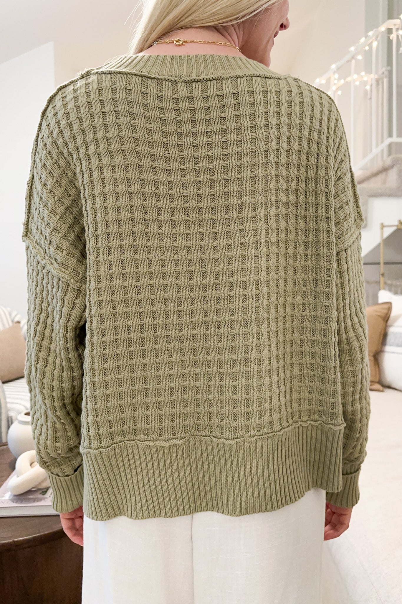 Annie Waffle Knit Pullover Sweater in Sage - Neutral Ground