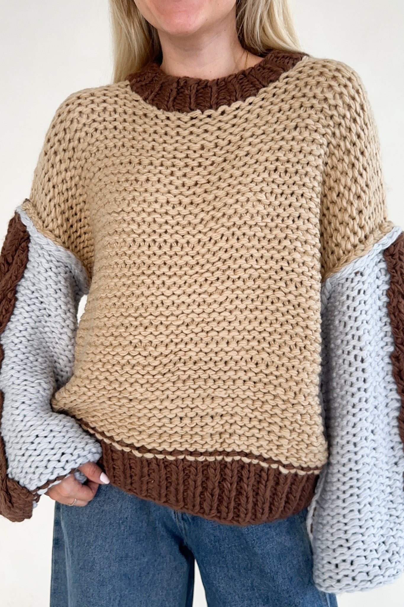 August Hand - Knit Colorblock Chunky Pullover - Neutral Ground