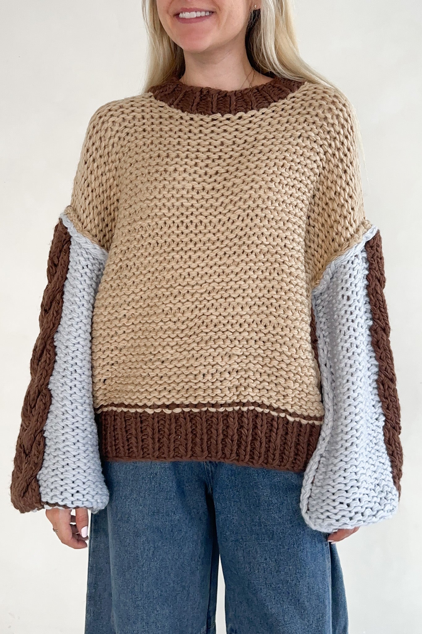 August Hand - Knit Colorblock Chunky Pullover - Neutral Ground