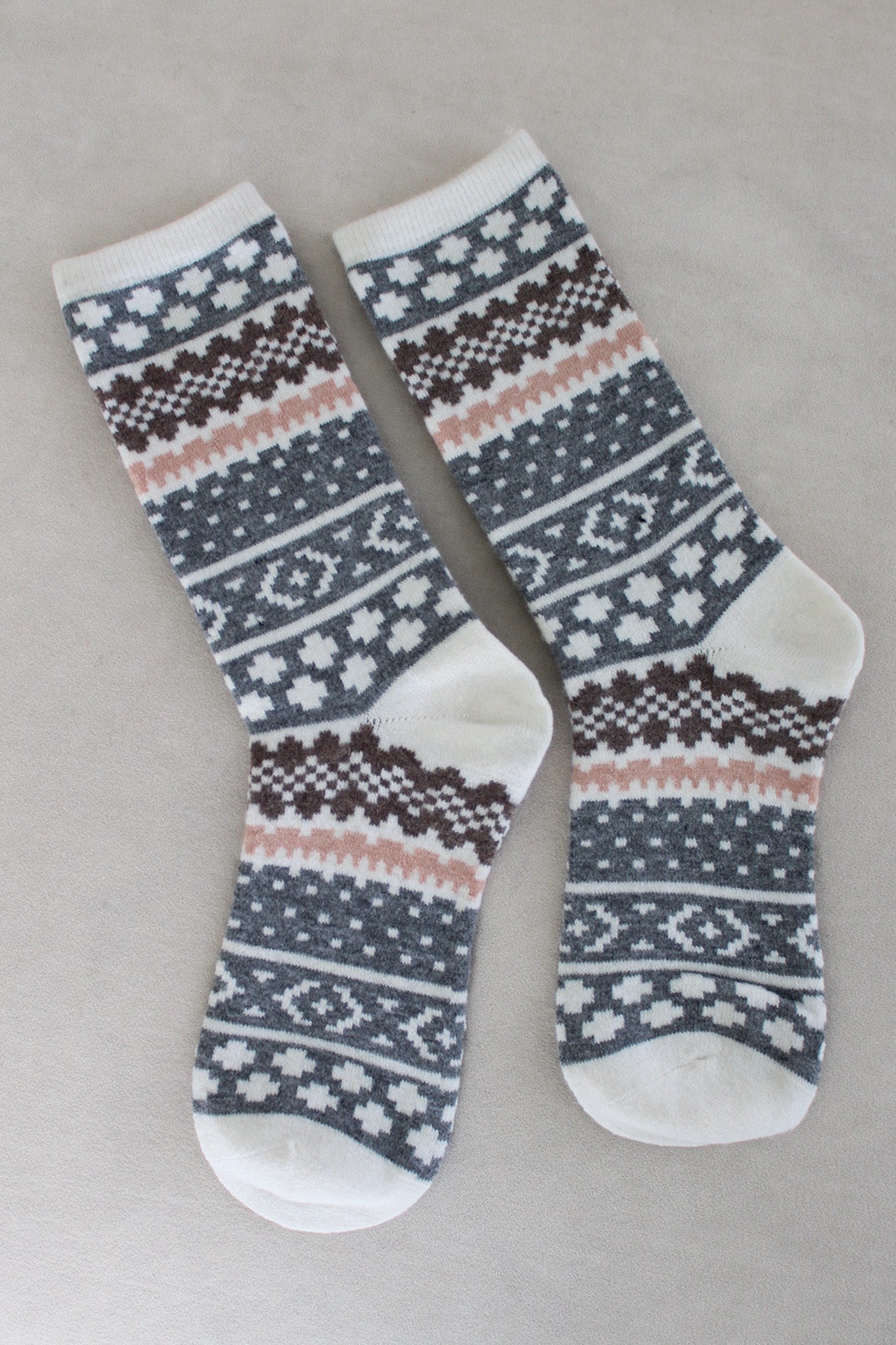 Aztec Faire Isle Cashmere Blend Crew Socks - Neutral Ground