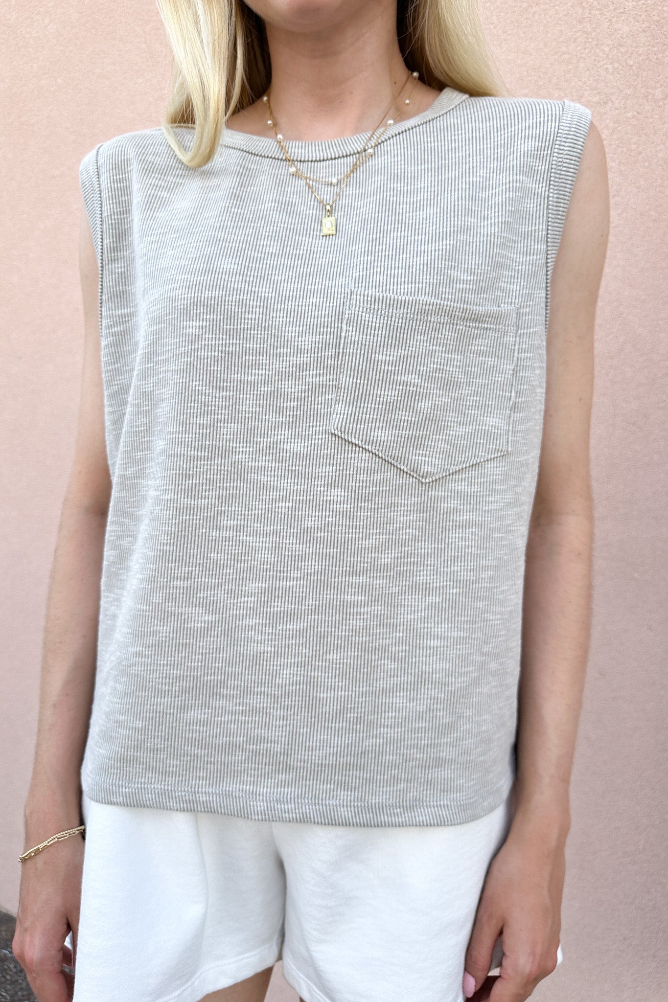 Baylor Ribbed Sleeveless Top in Light Grey - Neutral Ground