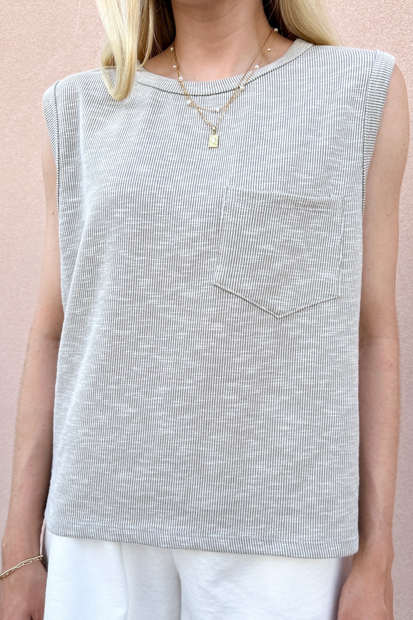 Baylor Ribbed Sleeveless Top in Light Grey - Neutral Ground