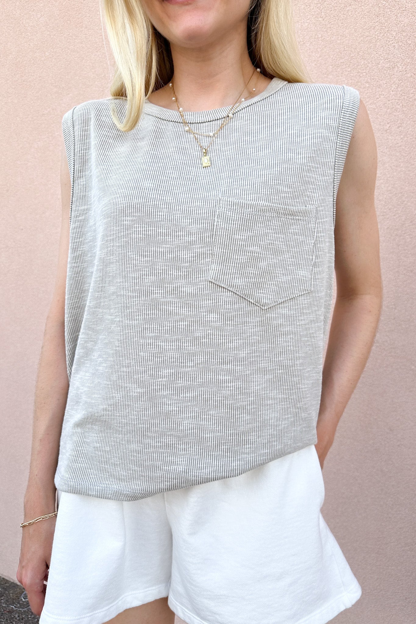Baylor Ribbed Sleeveless Top in Light Grey - Neutral Ground