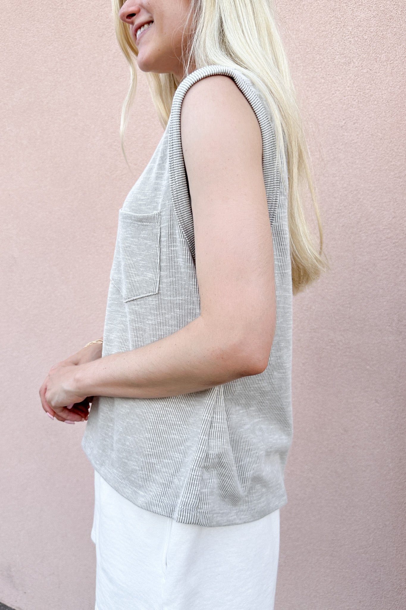 Baylor Ribbed Sleeveless Top in Light Grey - Neutral Ground