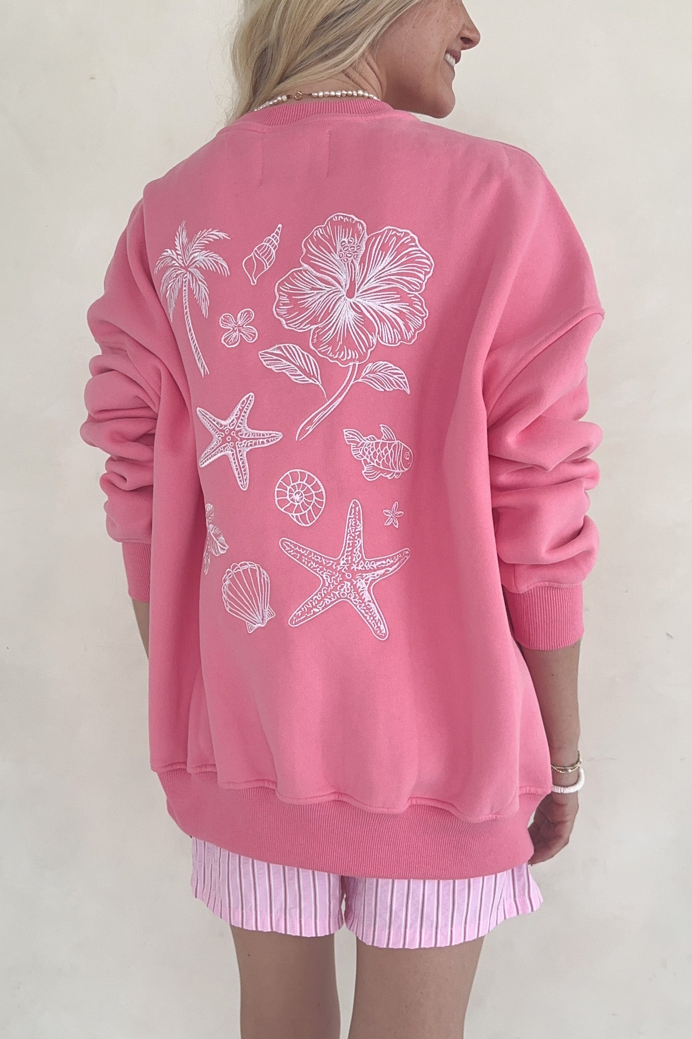 Beach House Tropical Embroidered Sweatshirt in Hibiscus - Neutral Ground