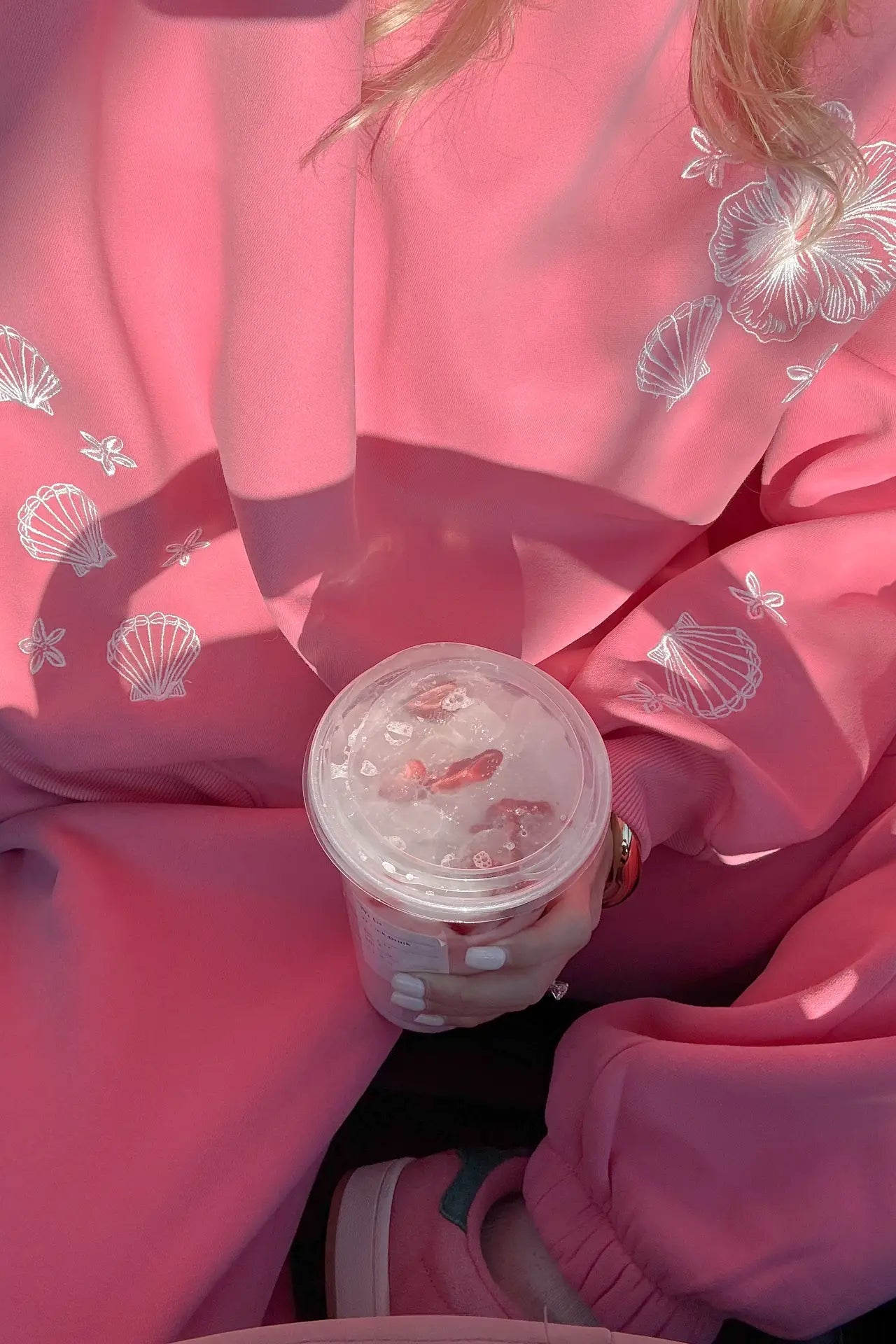 Beach House Tropical Embroidered Sweatshirt in Hibiscus - Neutral Ground