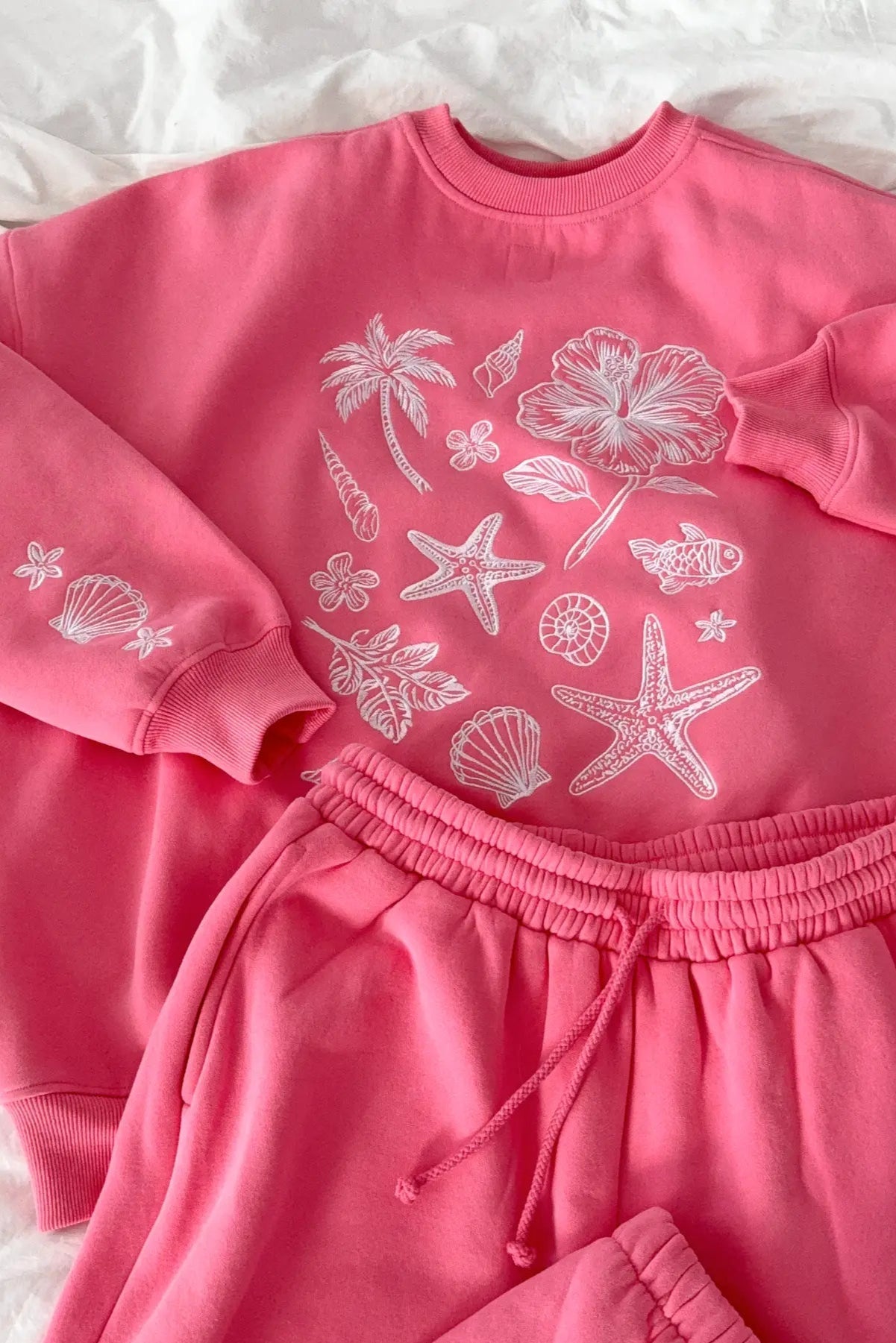 Beach House Tropical Embroidered Sweatshirt in Hibiscus - Neutral Ground