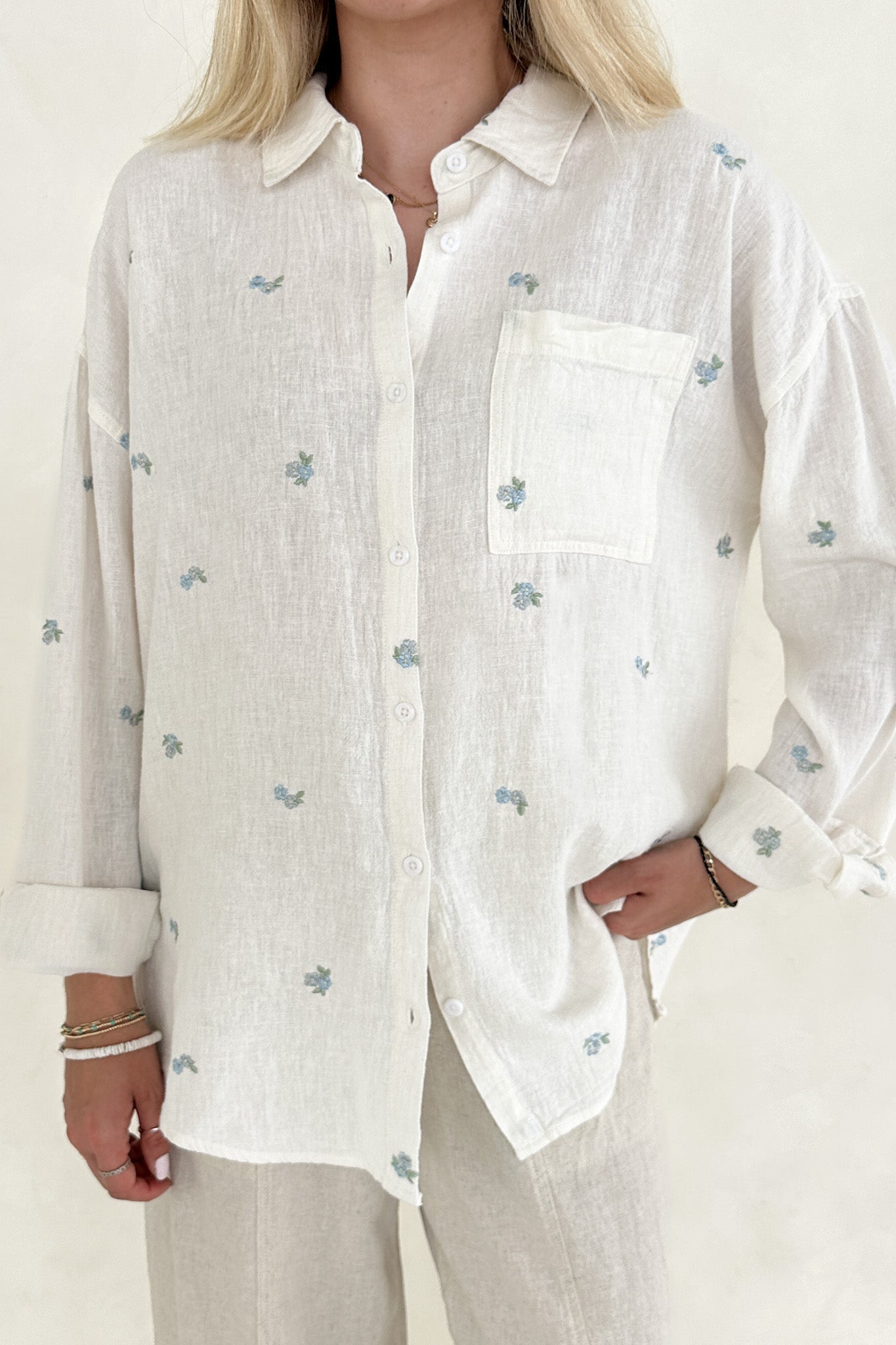 Bella Embroidered Linen Button Down Shirt - Neutral Ground