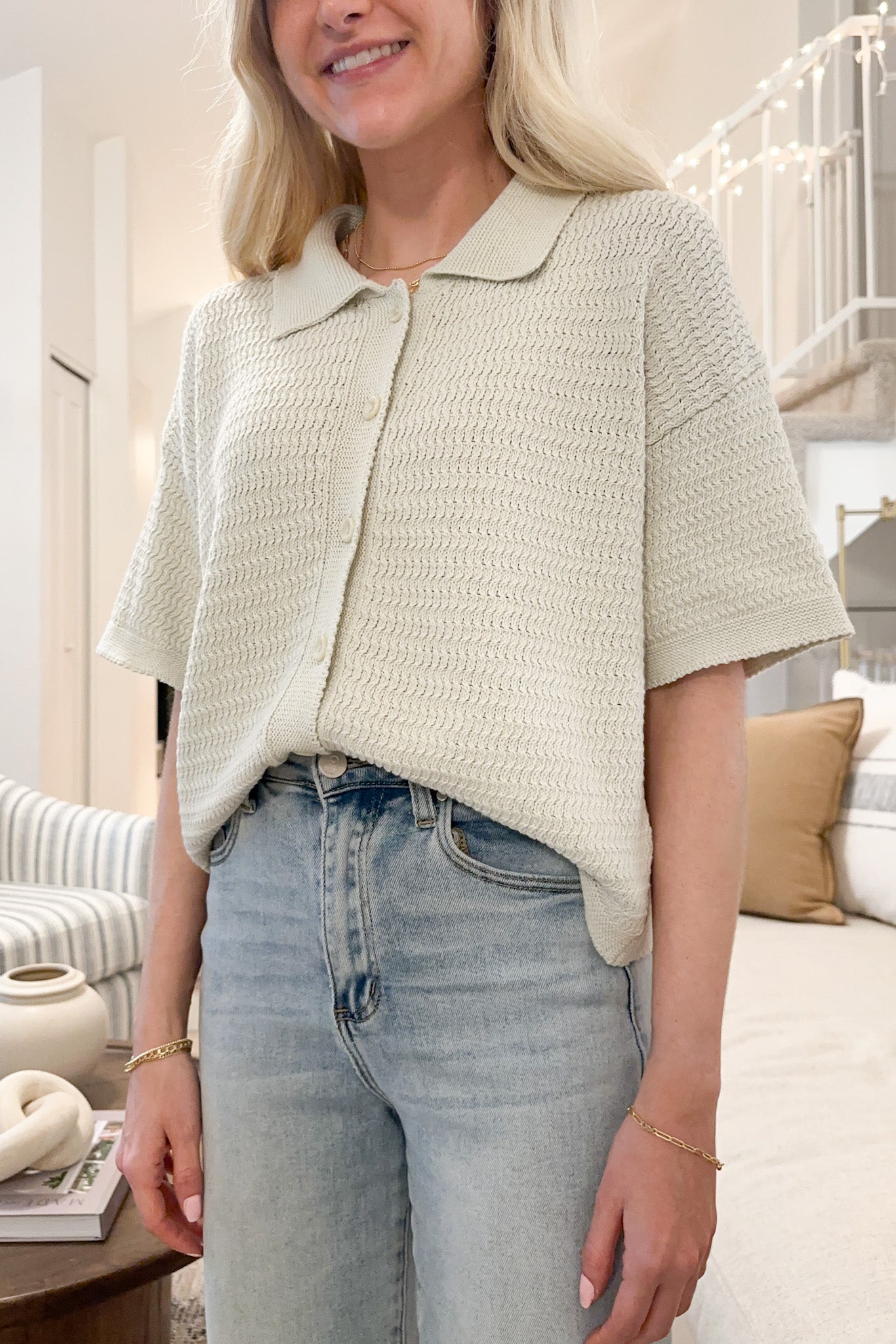 Bella Knit Button Down Blouse - Neutral Ground