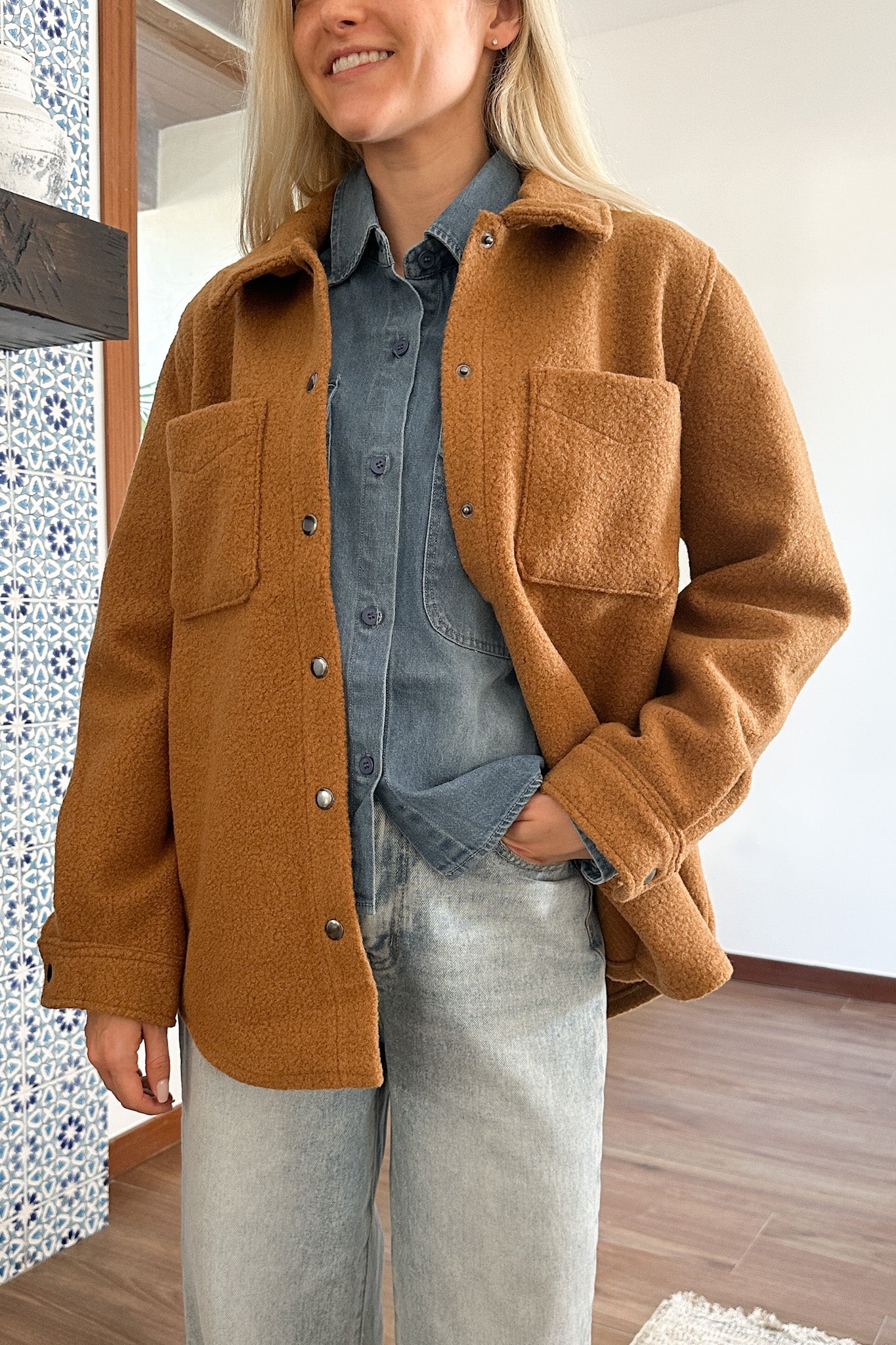 Bella Snap Button Teddy Jacket - Neutral Ground