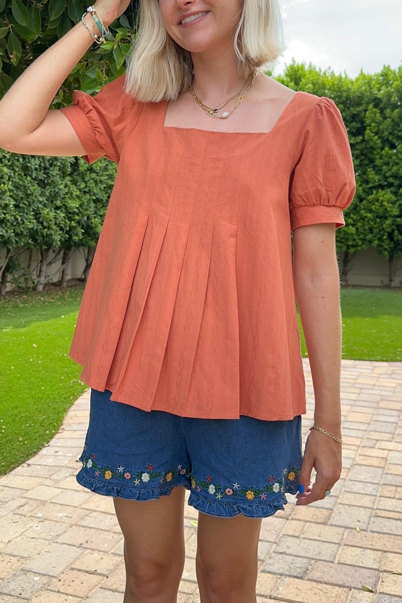 Belle Pleated 100% Cotton Blouse in Terracotta - Neutral Ground