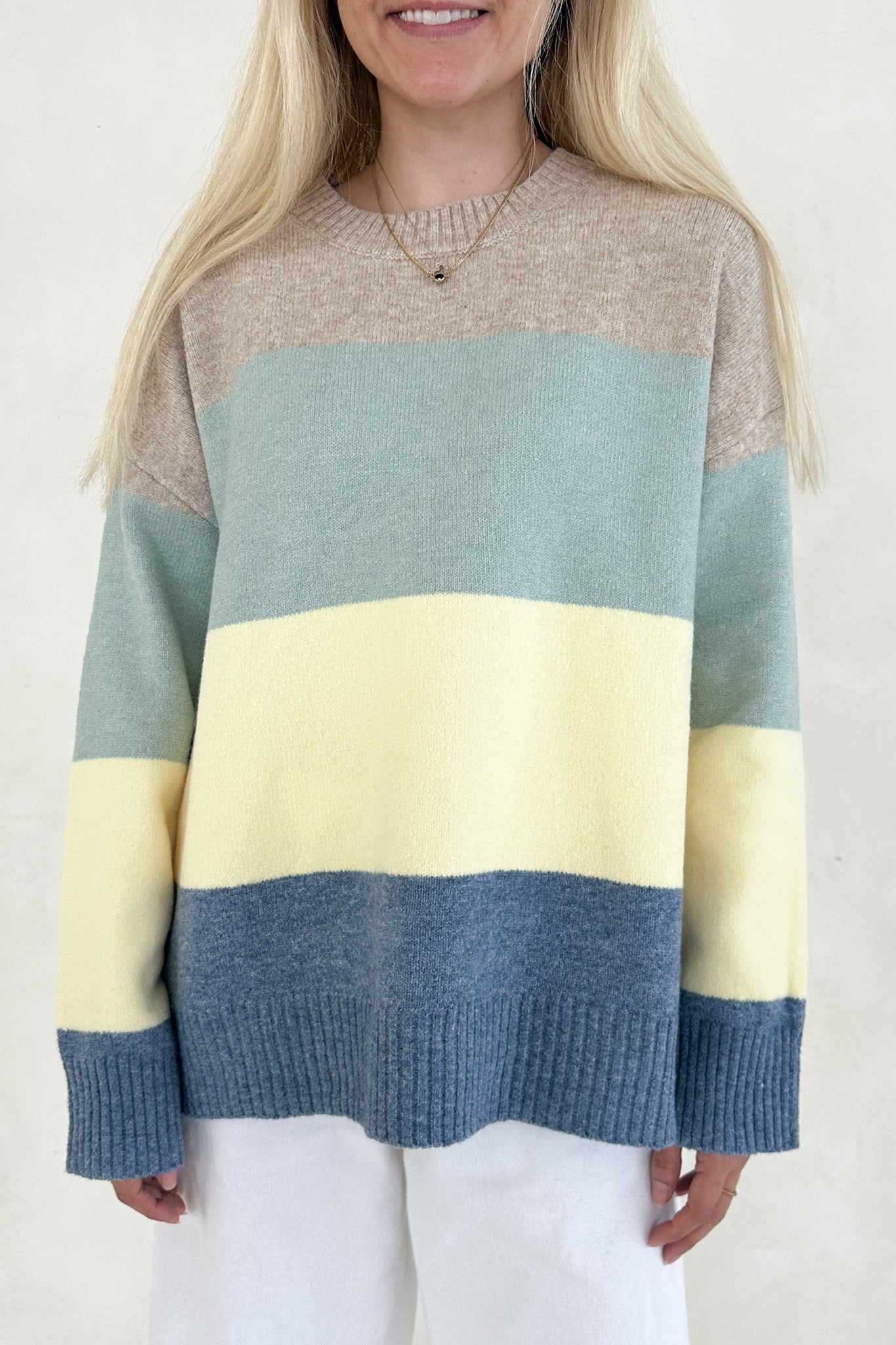 Belly Striped Color Block Crew Neck Pullover Sweater - Neutral Ground