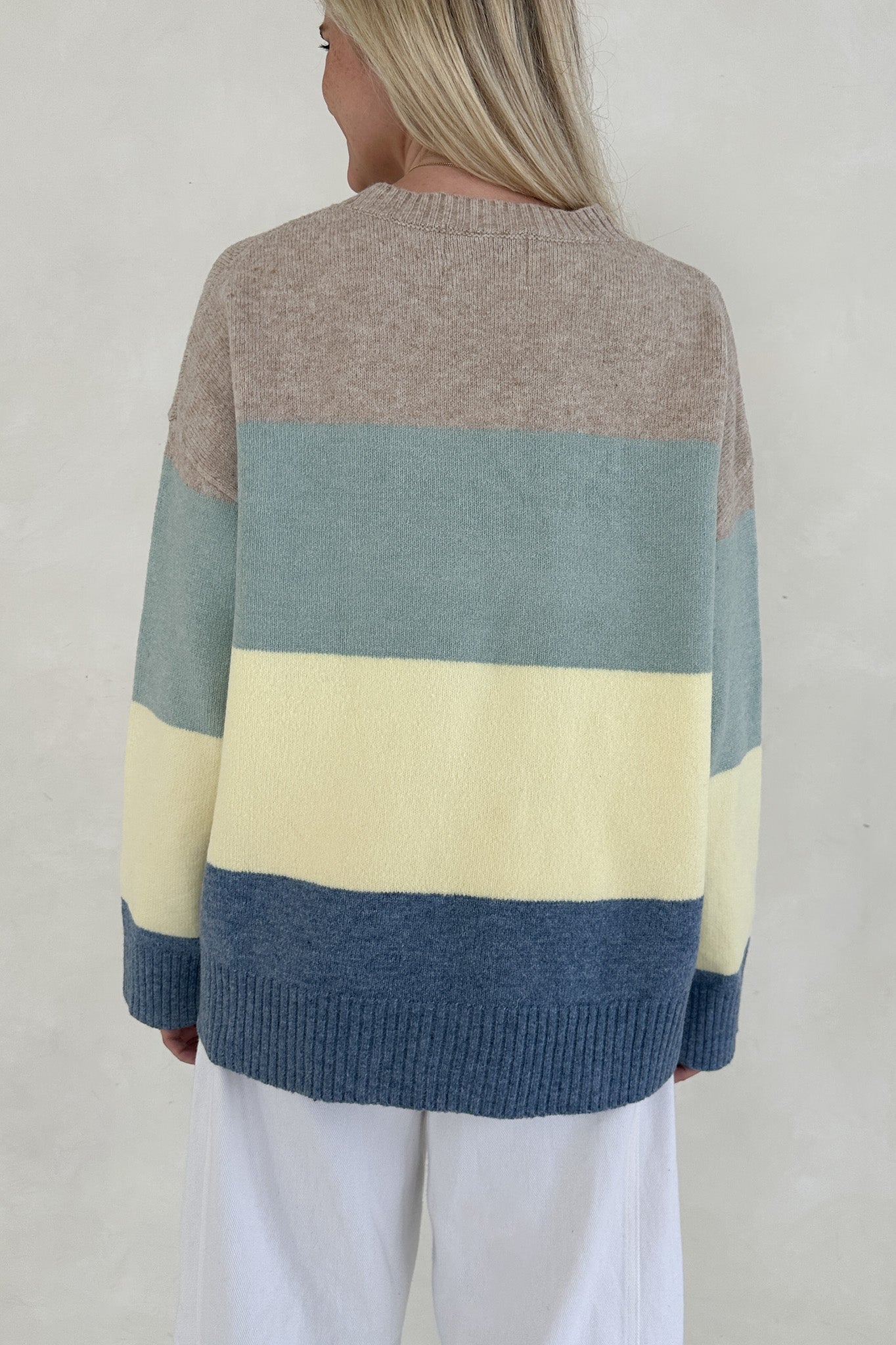 Belly Striped Color Block Crew Neck Pullover Sweater - Neutral Ground