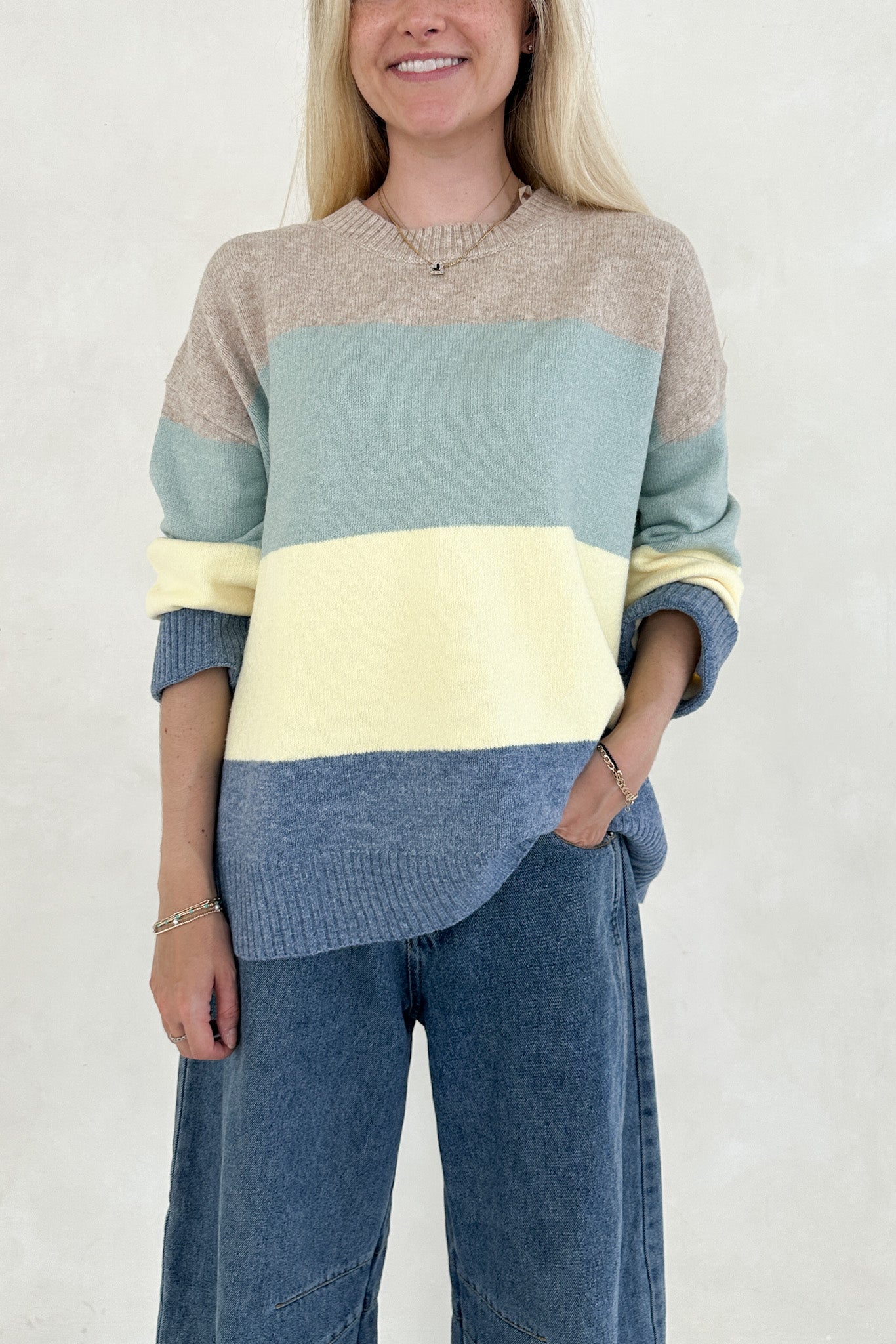 Belly Striped Color Block Crew Neck Pullover Sweater - Neutral Ground