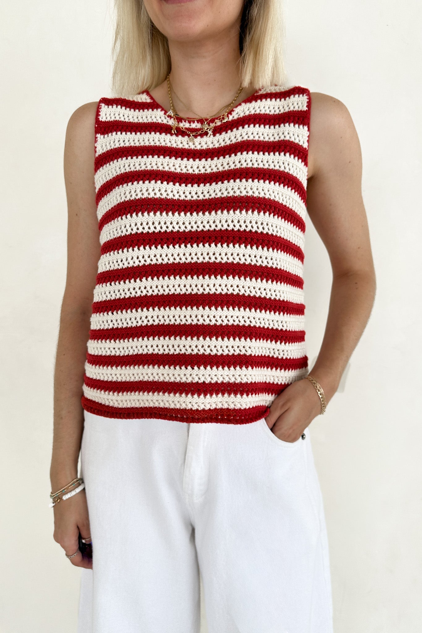Boardwalk Red & White Stripe Crochet Knit Top - Neutral Ground
