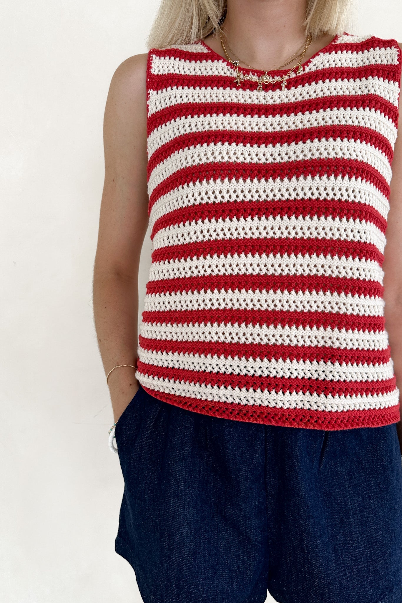Boardwalk Red & White Stripe Crochet Knit Top - Neutral Ground