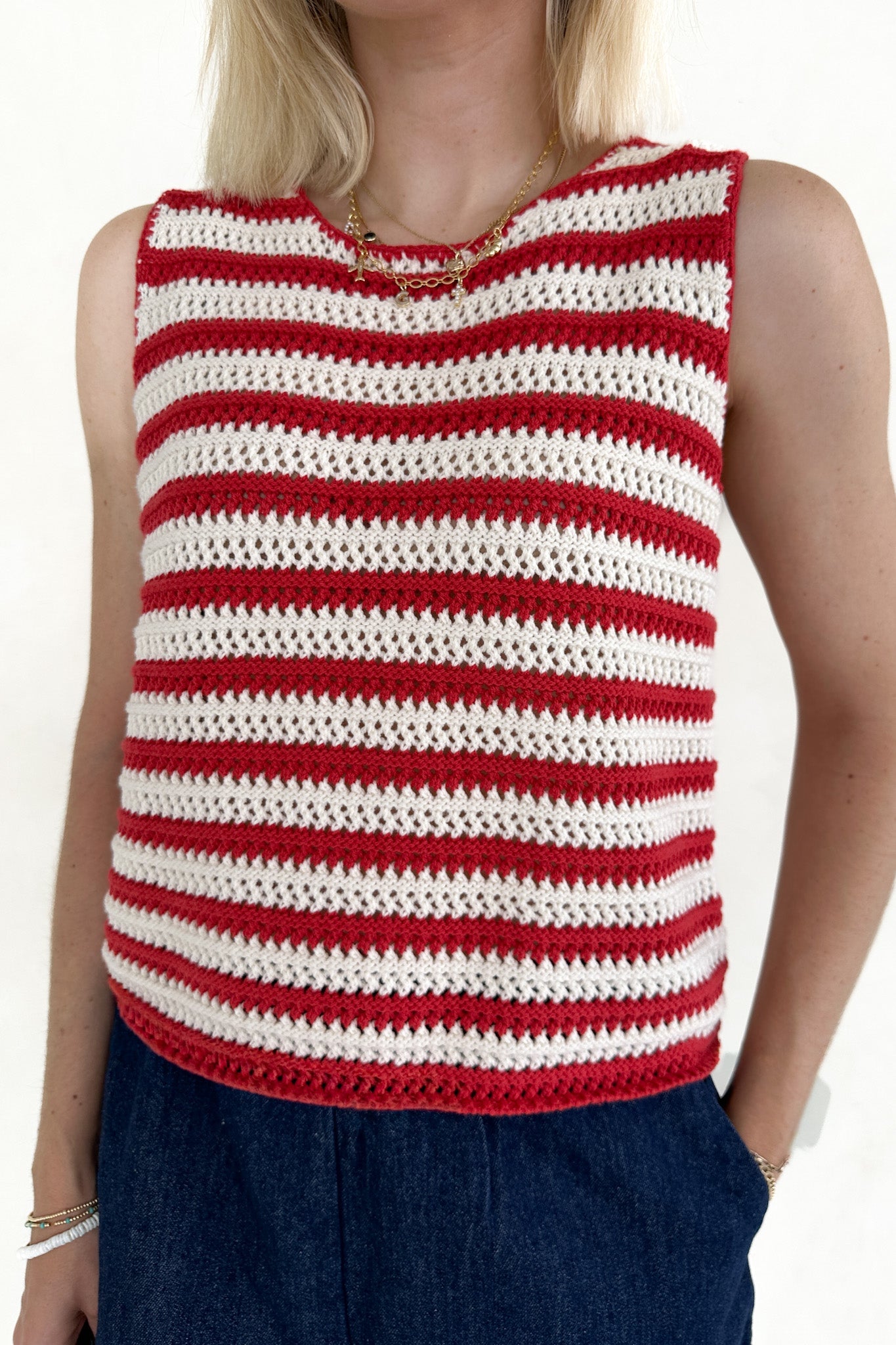 Boardwalk Red & White Stripe Crochet Knit Top - Neutral Ground
