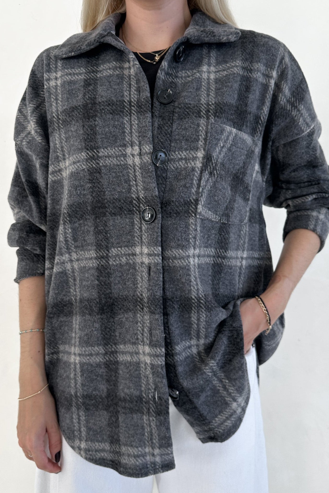 Cabin Time Grey Plaid Button Down Shirt Jacket - Neutral Ground