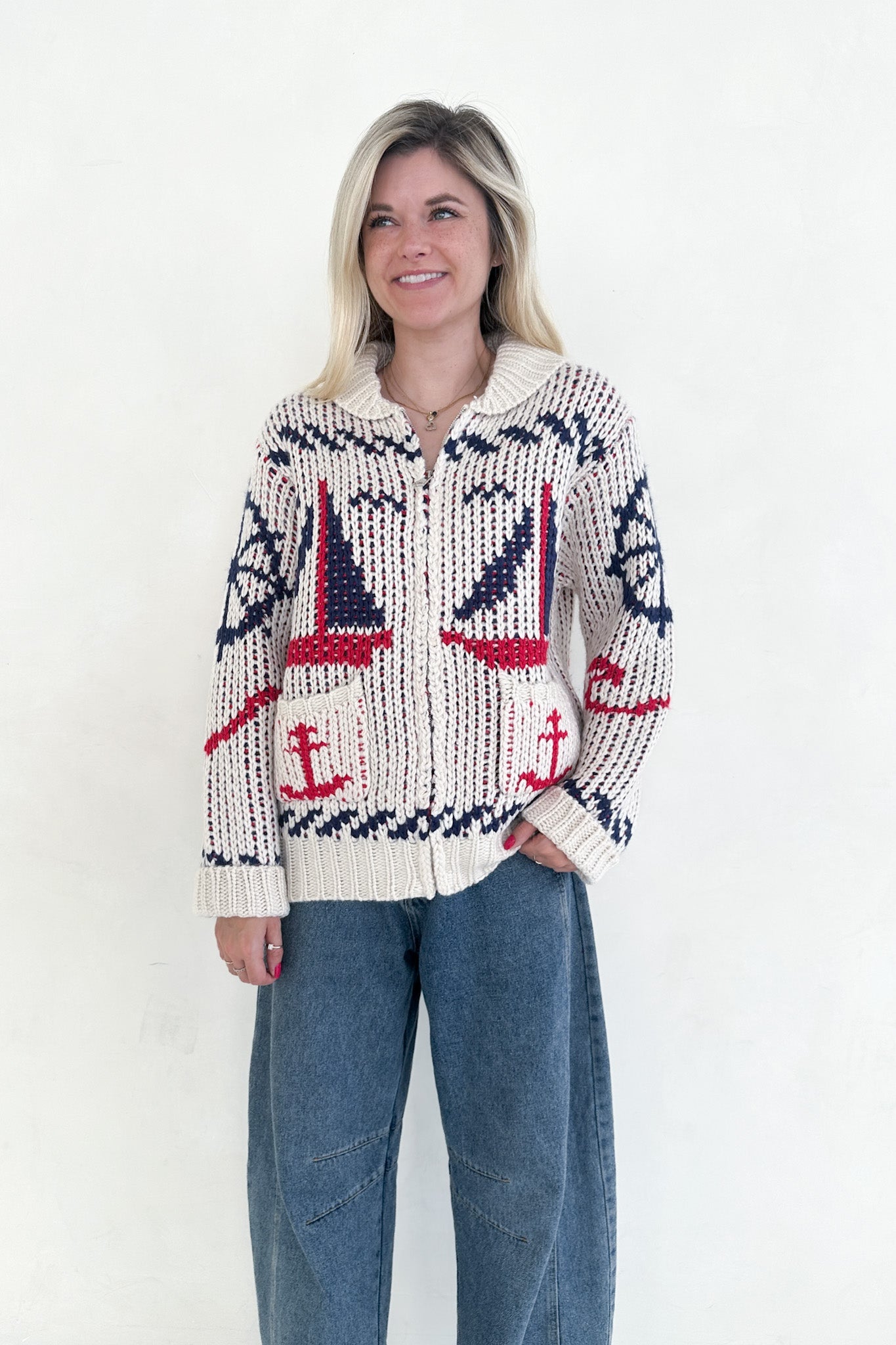 Cape Cod Sailboat Knit Zip Up Cardigan - Neutral Ground