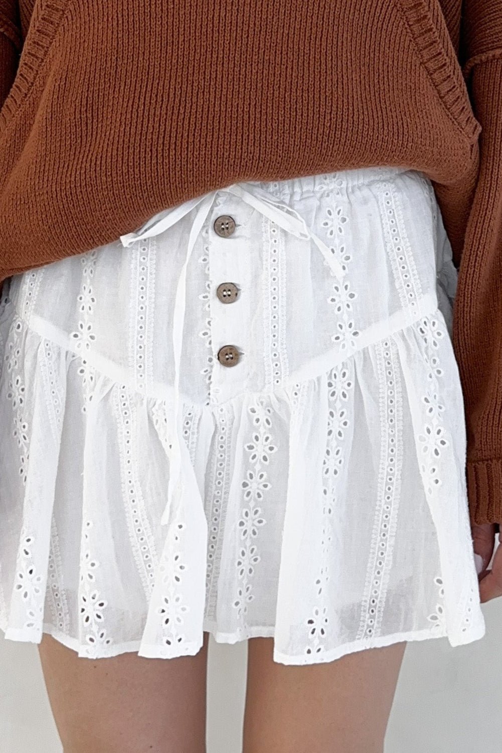 Caris Drawstring Waist Eyelet Mini Skort - Neutral Ground