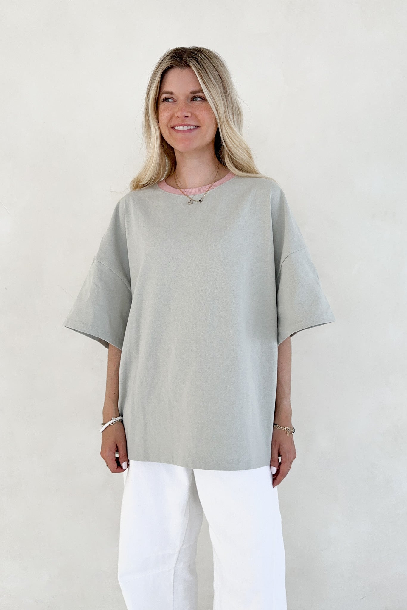 Charity Contrast Cotton Tee in Sage - Neutral Ground