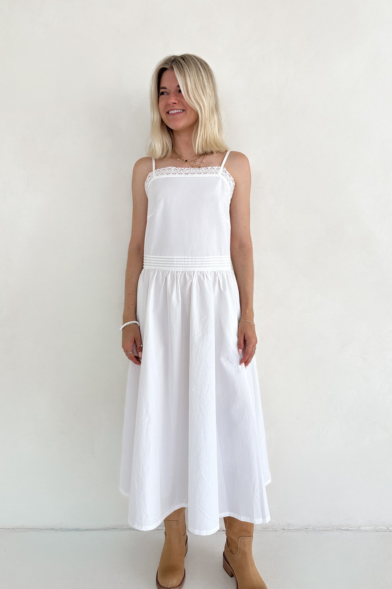 Charlotte Lace Inset Cotton Midi Dress - Neutral Ground